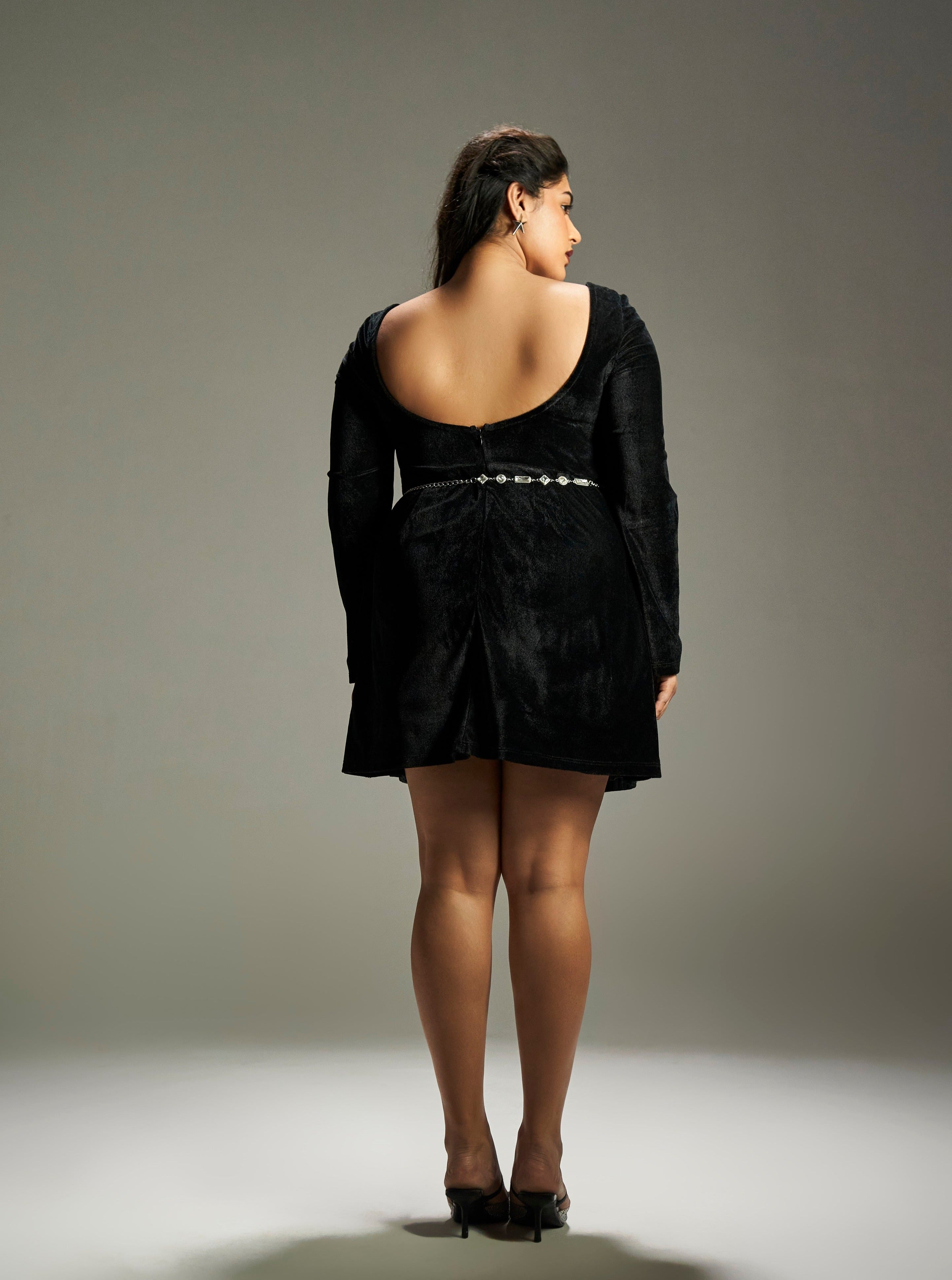 Saskia Black Velvet Corset Dress with Silver Chain Belt