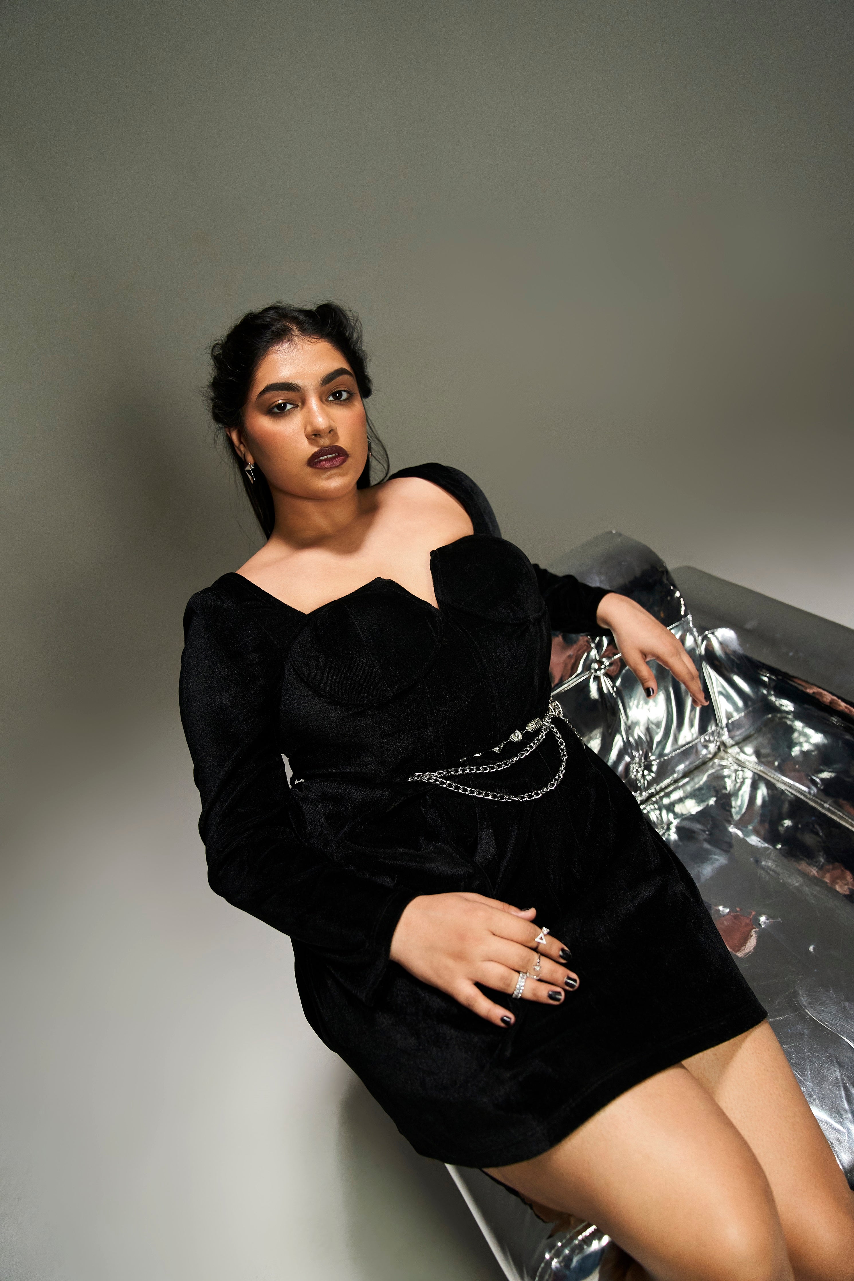 Saskia Black Velvet Corset Dress with Silver Chain Belt