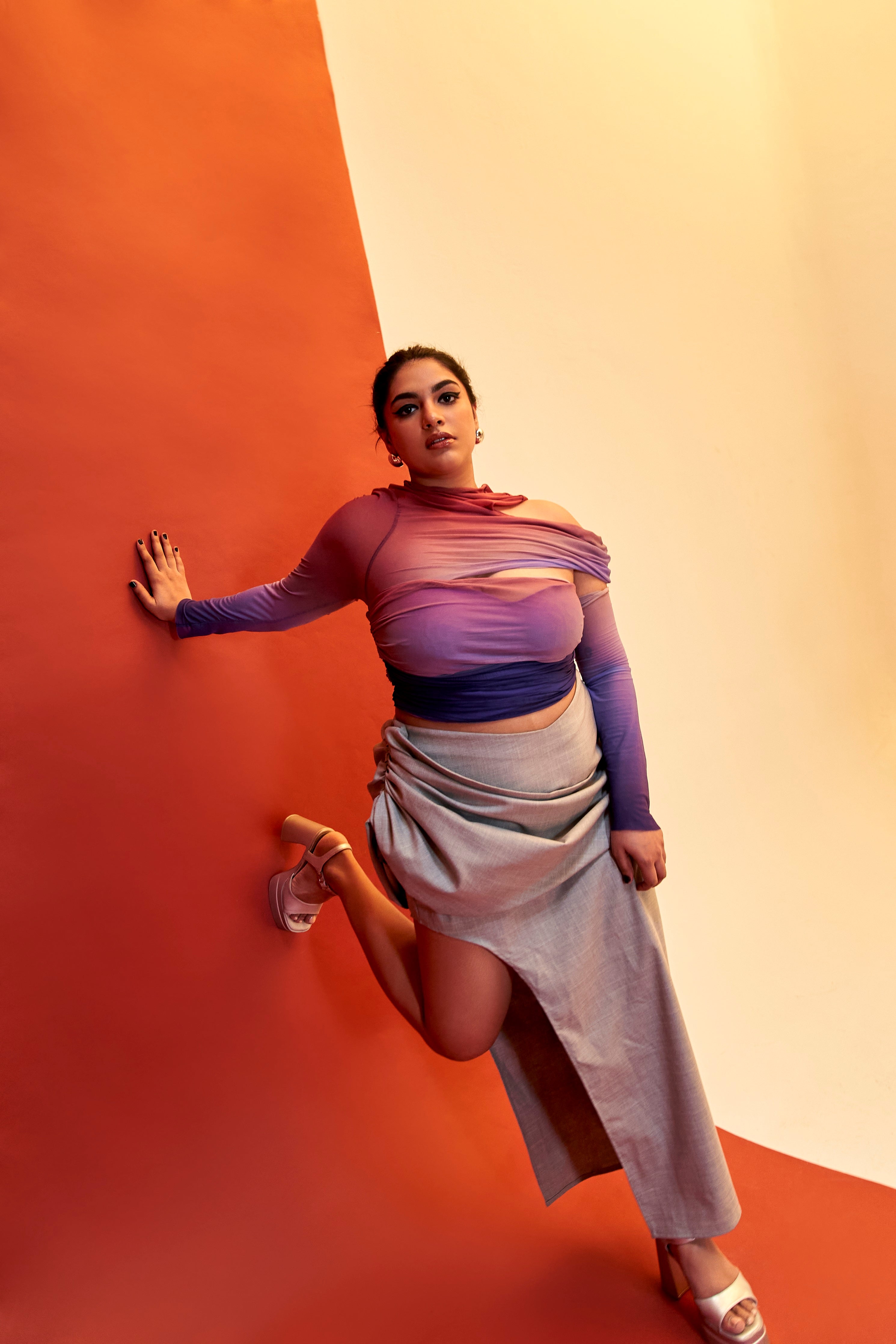 Shelby Ombré Ruched Power Mesh Crop Top and Draped Midi Skirt Set