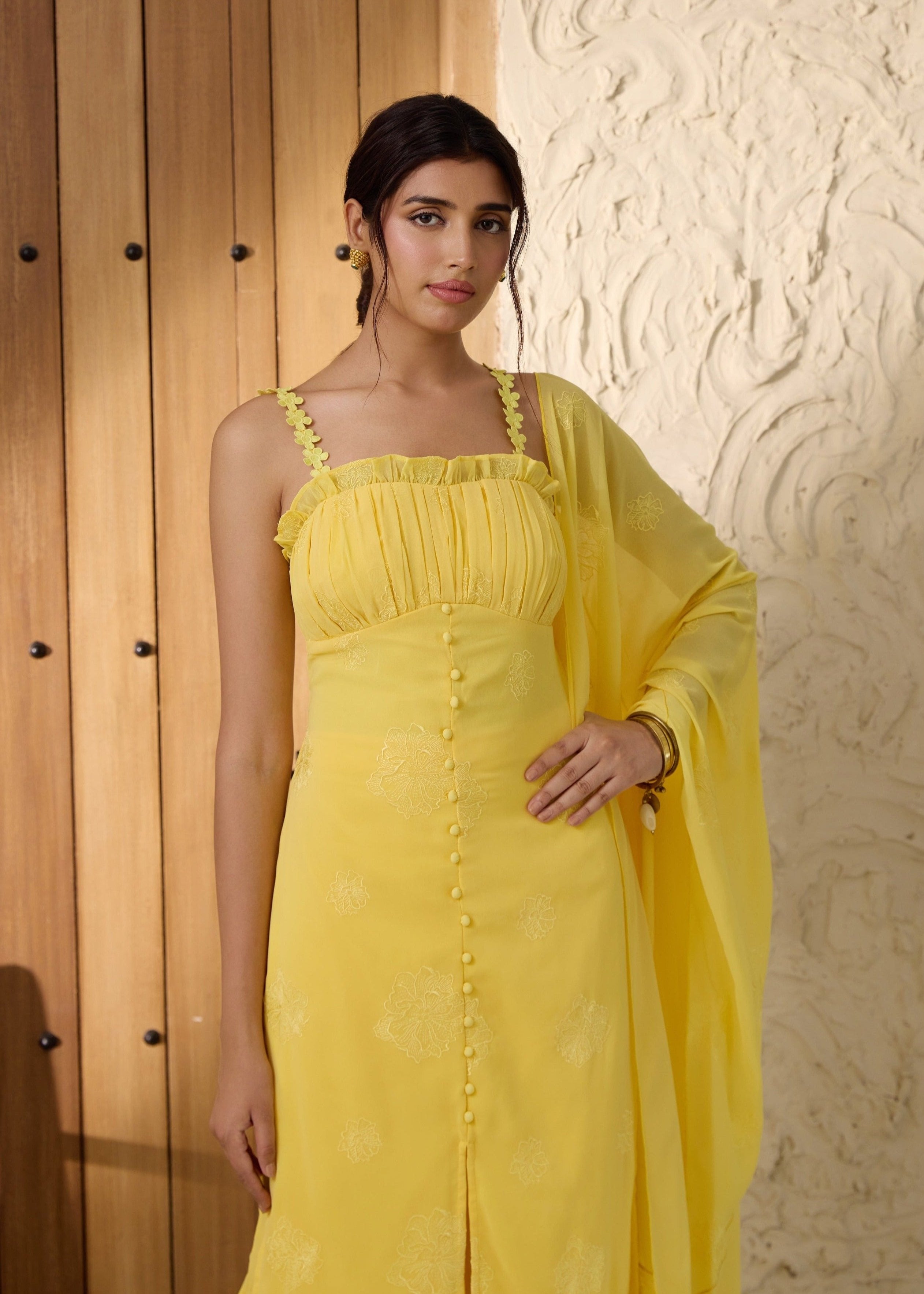 Aarya Yellow Embroidered Georgette Kurta Set with intricate floral embroidery and matching pants