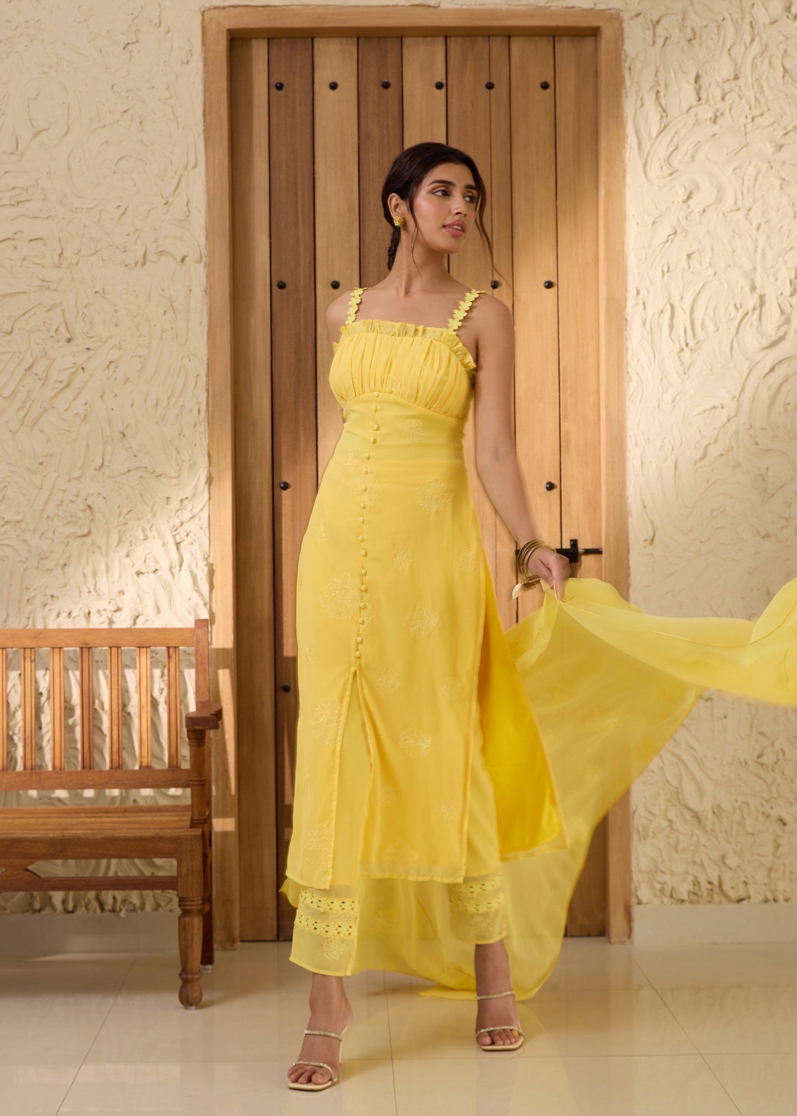 Aarya Yellow Embroidered Georgette Kurta Set with intricate floral embroidery and matching pants