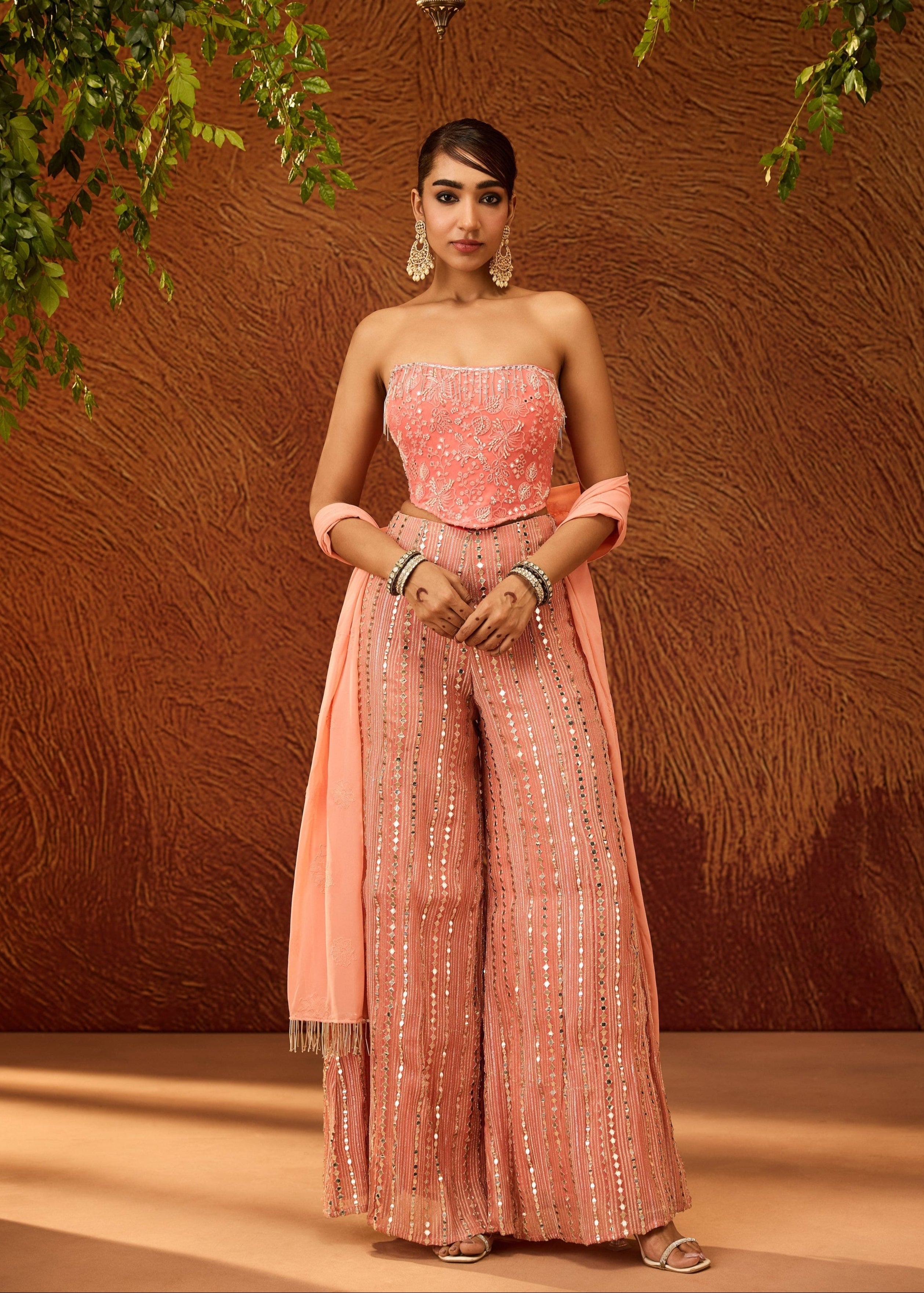 Charvi Peach and Pink Corset Gharara Set with Dupatta