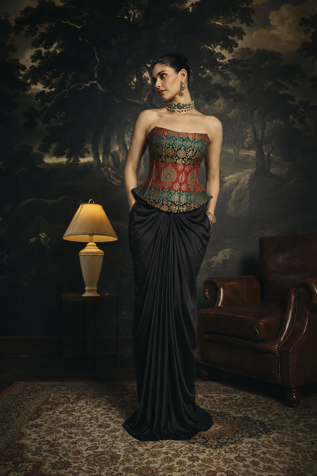 Siya Red Banarasi Brocade Corset Blouse and Drape Set