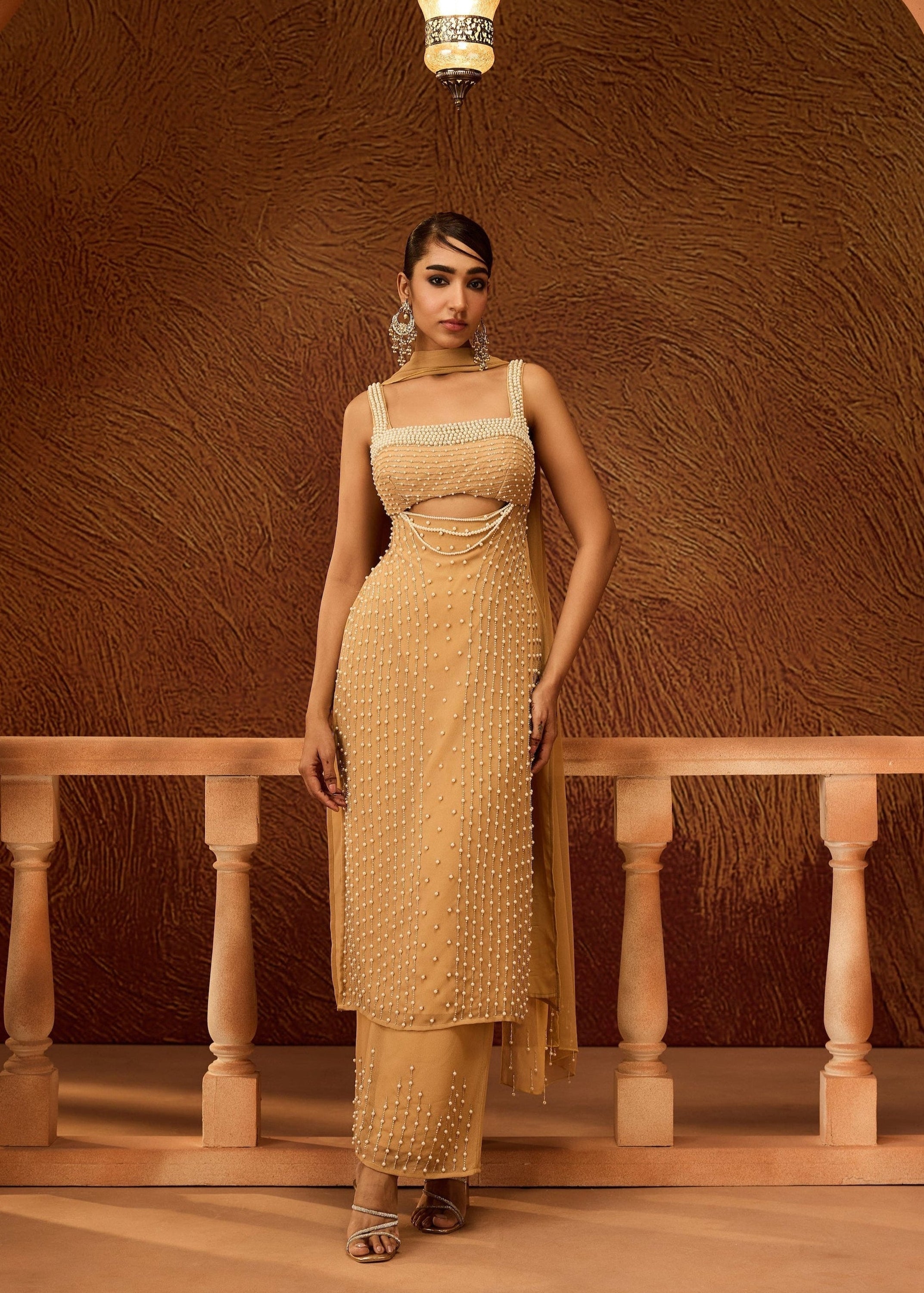 Devashri Beige Pearl Embroidered Kurta Set
