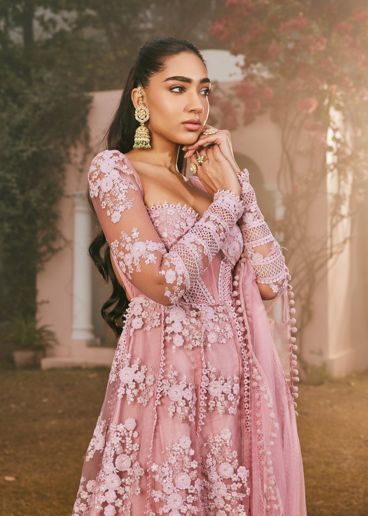 Fariha Blush Pink Embroidered Corset Anarkali Suit Set with delicate blush pink embroidery and a stylish corset design