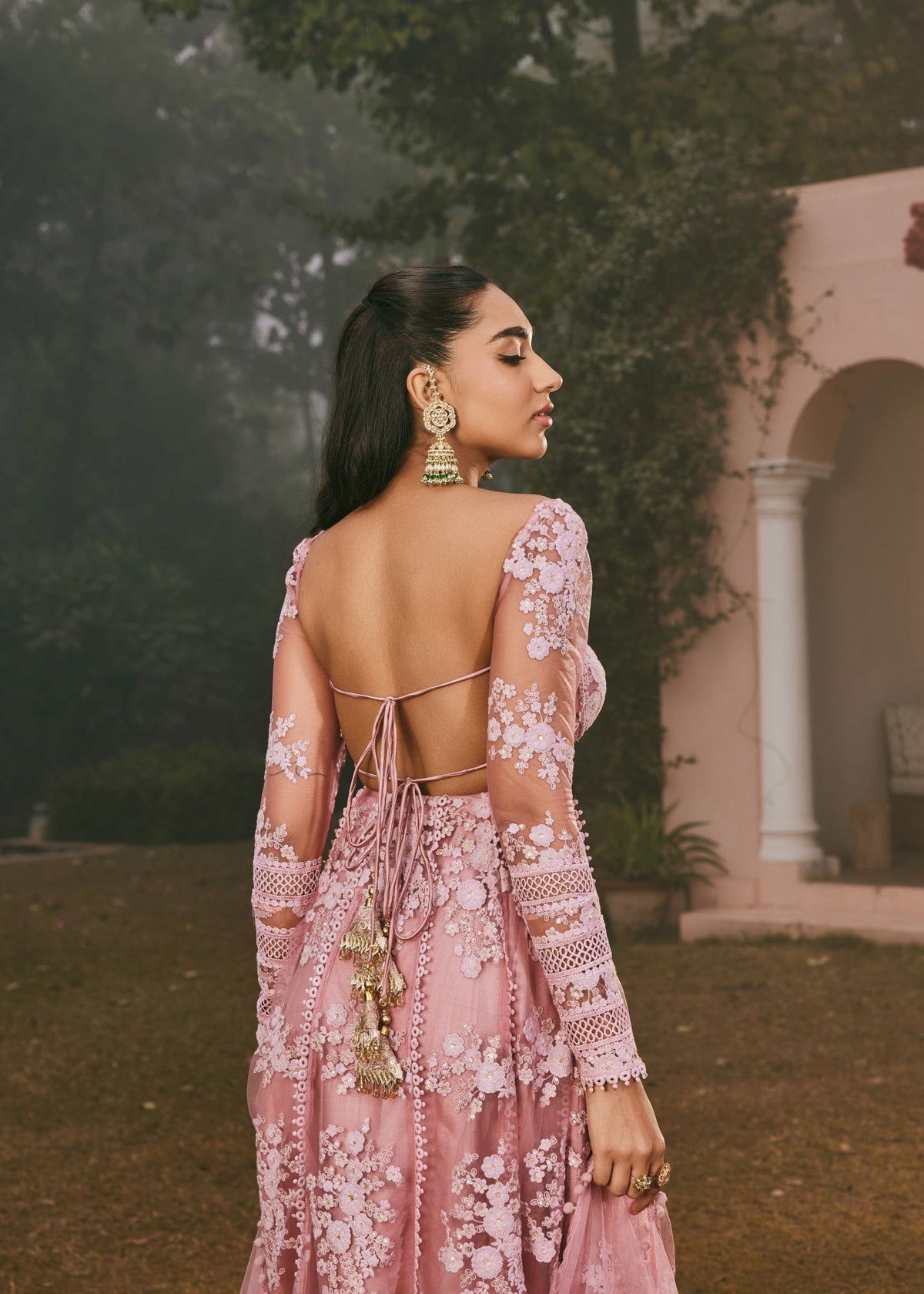 Fariha Blush Pink Embroidered Corset Anarkali Suit Set with delicate blush pink embroidery and a stylish corset design