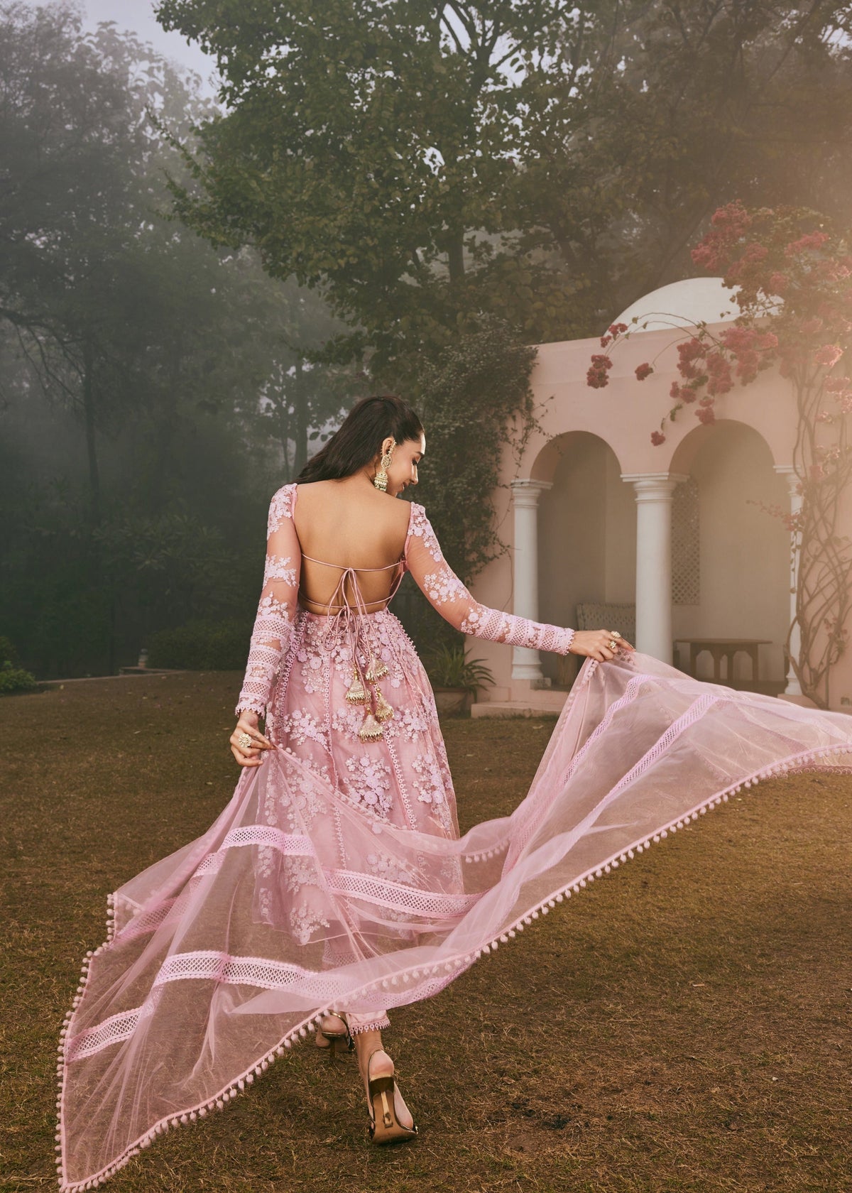 Fariha Blush Pink Embroidered Corset Anarkali Suit Set with delicate blush pink embroidery and a stylish corset design