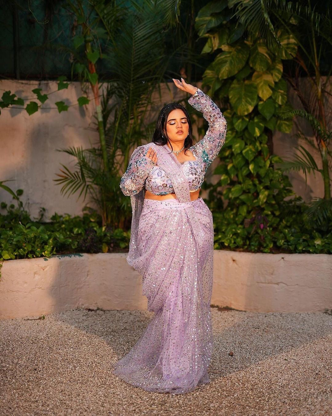 Lavender Embroidered Saree Set