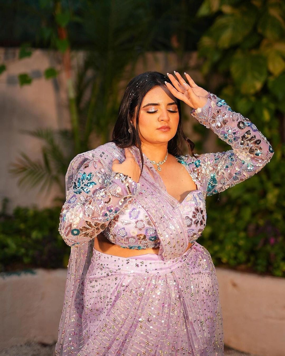 Lavender Embroidered Saree Set