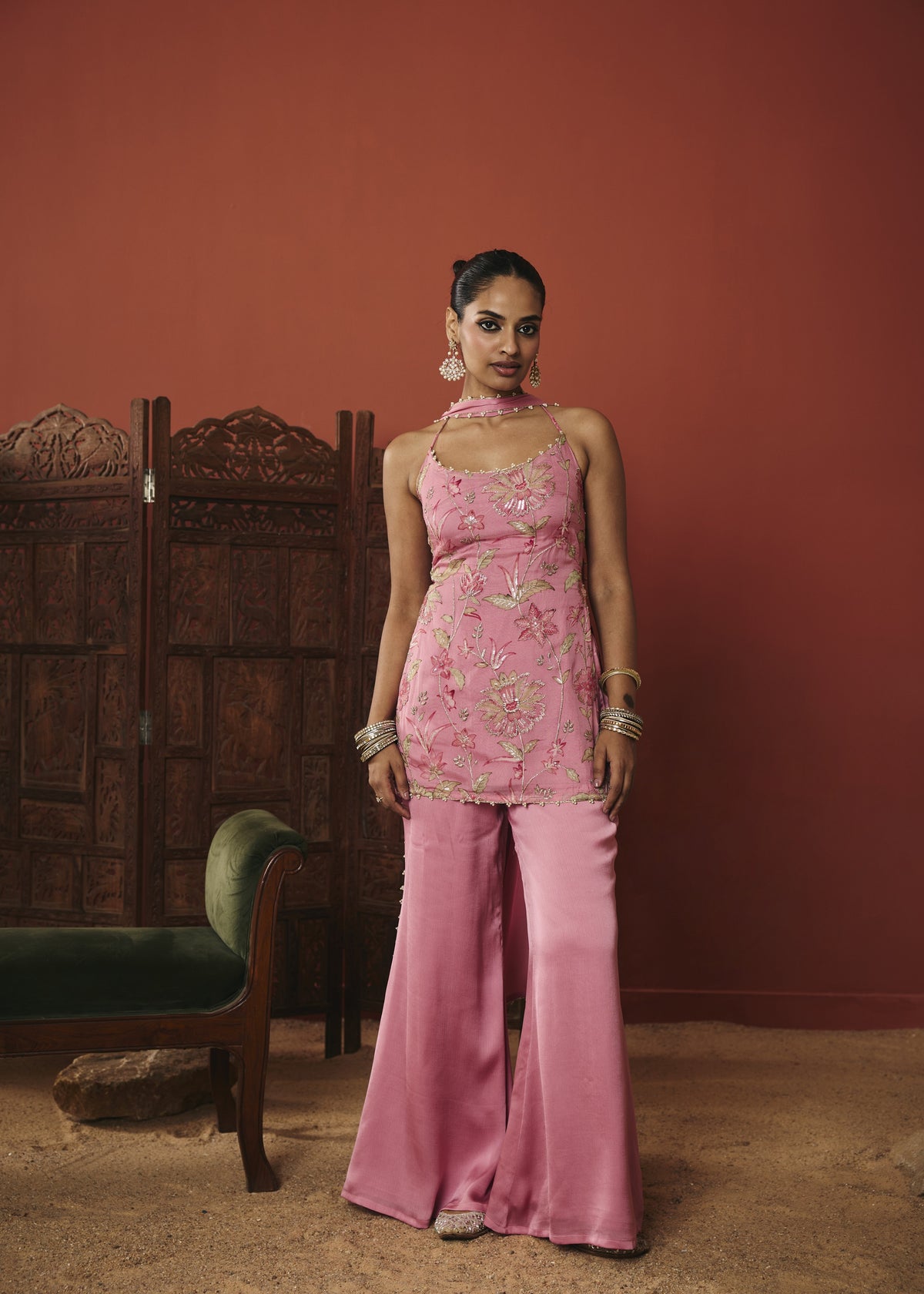 Rani Pink Floral Embroidered Kurta Set