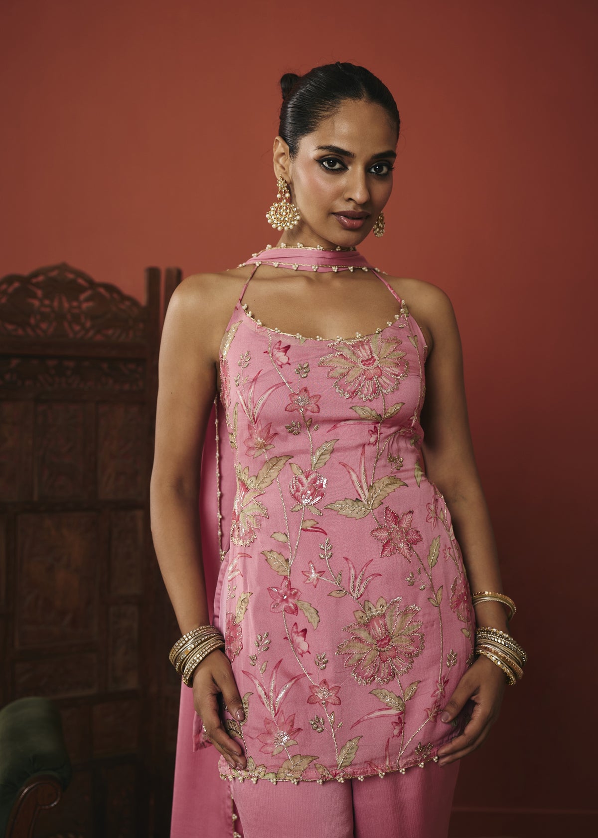 Rani Pink Floral Embroidered Kurta Set