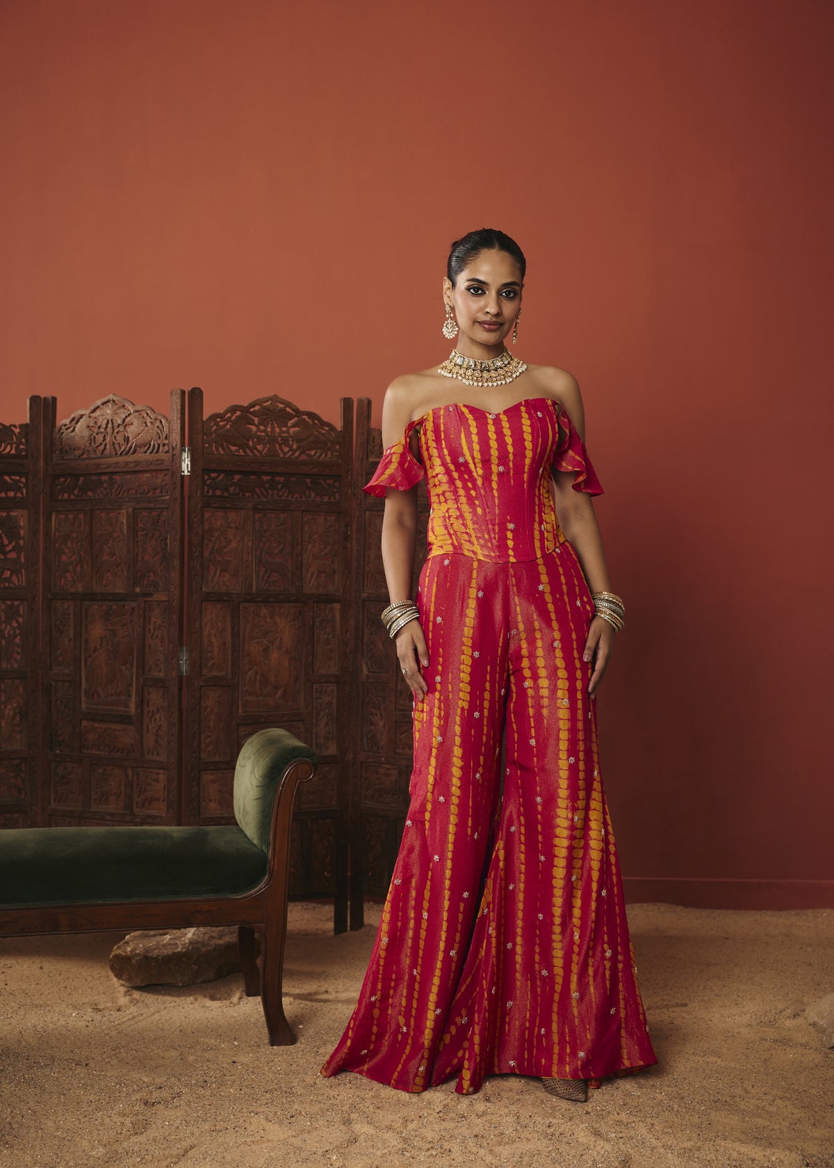 Rangrez Red Leheriya Sequin Co-ord Set
