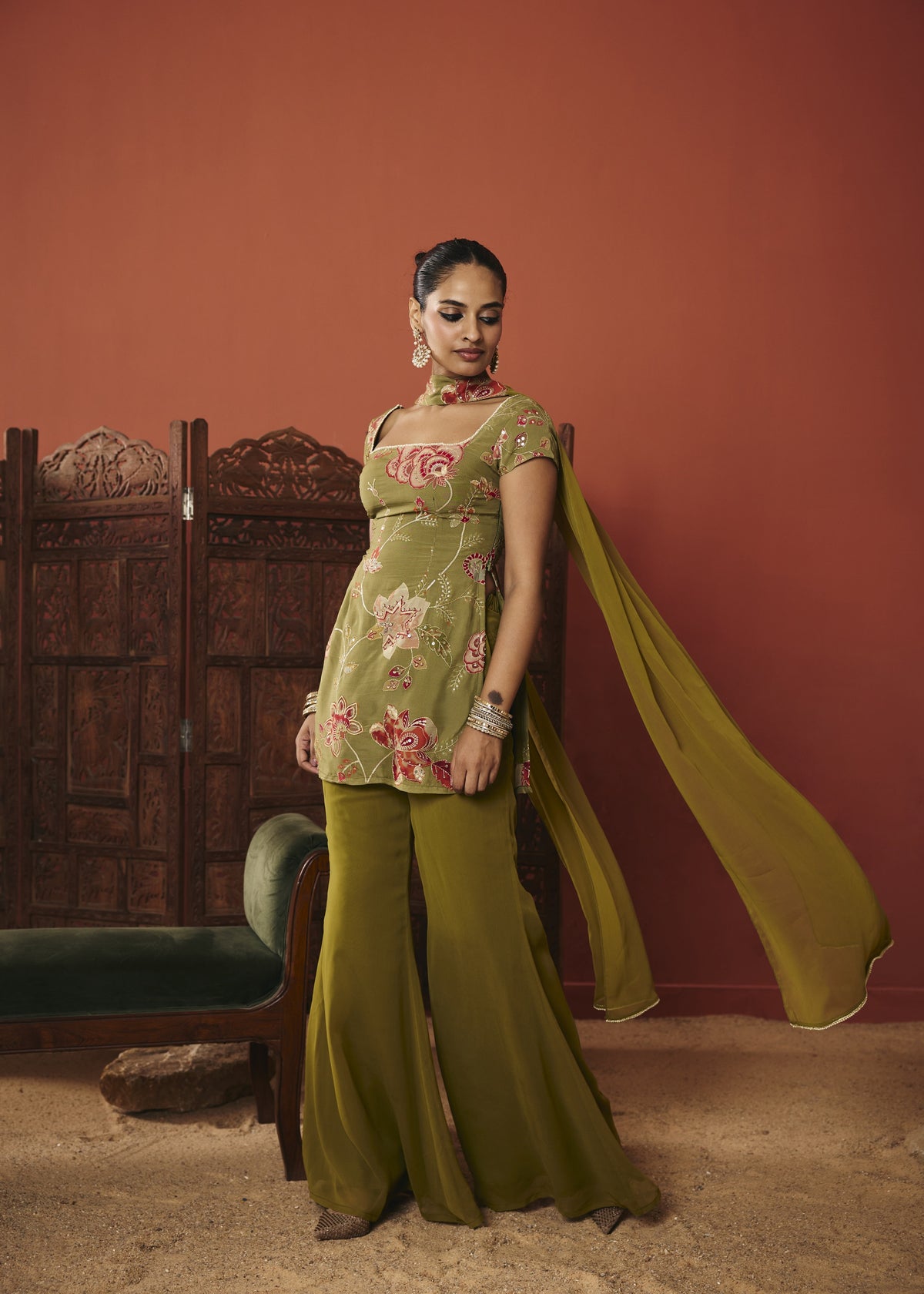 Vanya Olive Floral Embroidered Kurta Set