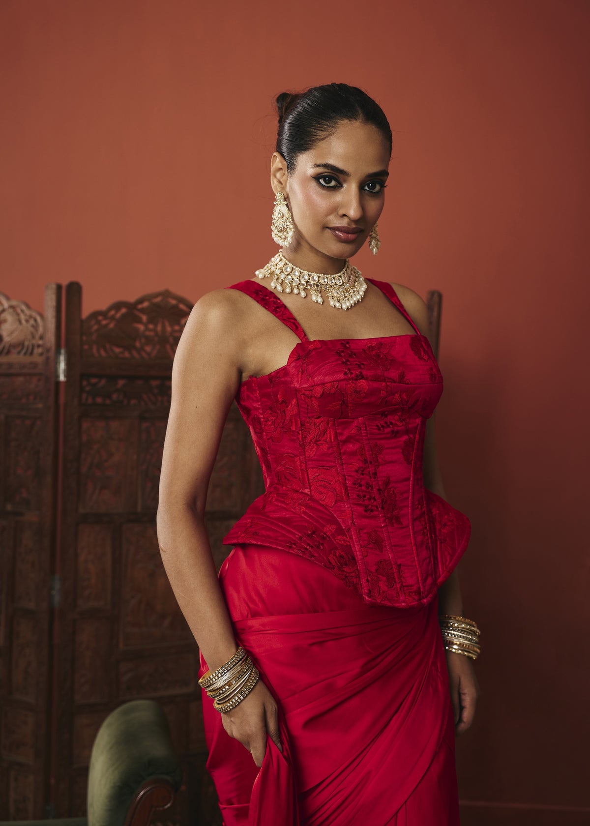 The Surkh Crimson Embroidered Silk Organza Corset