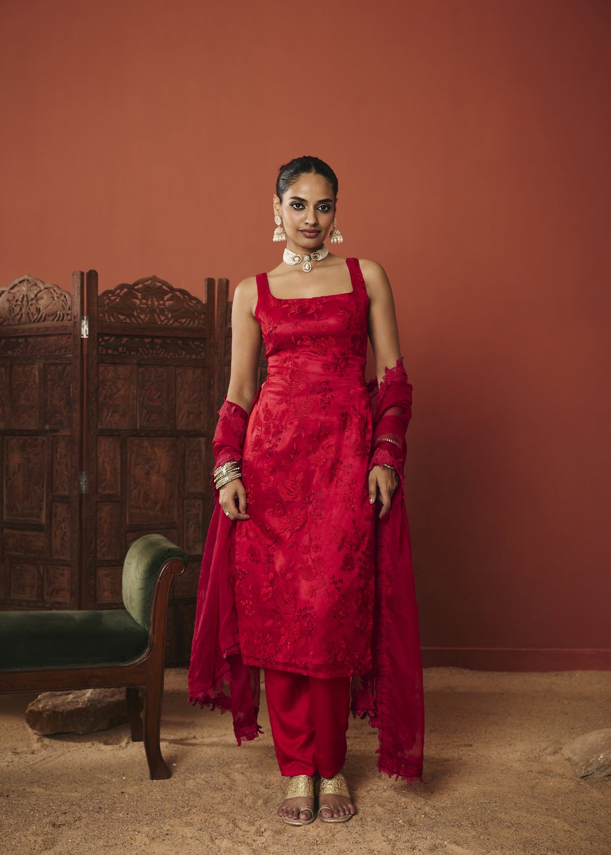 The Zara Crimson Floral Embroidered Kurta Set