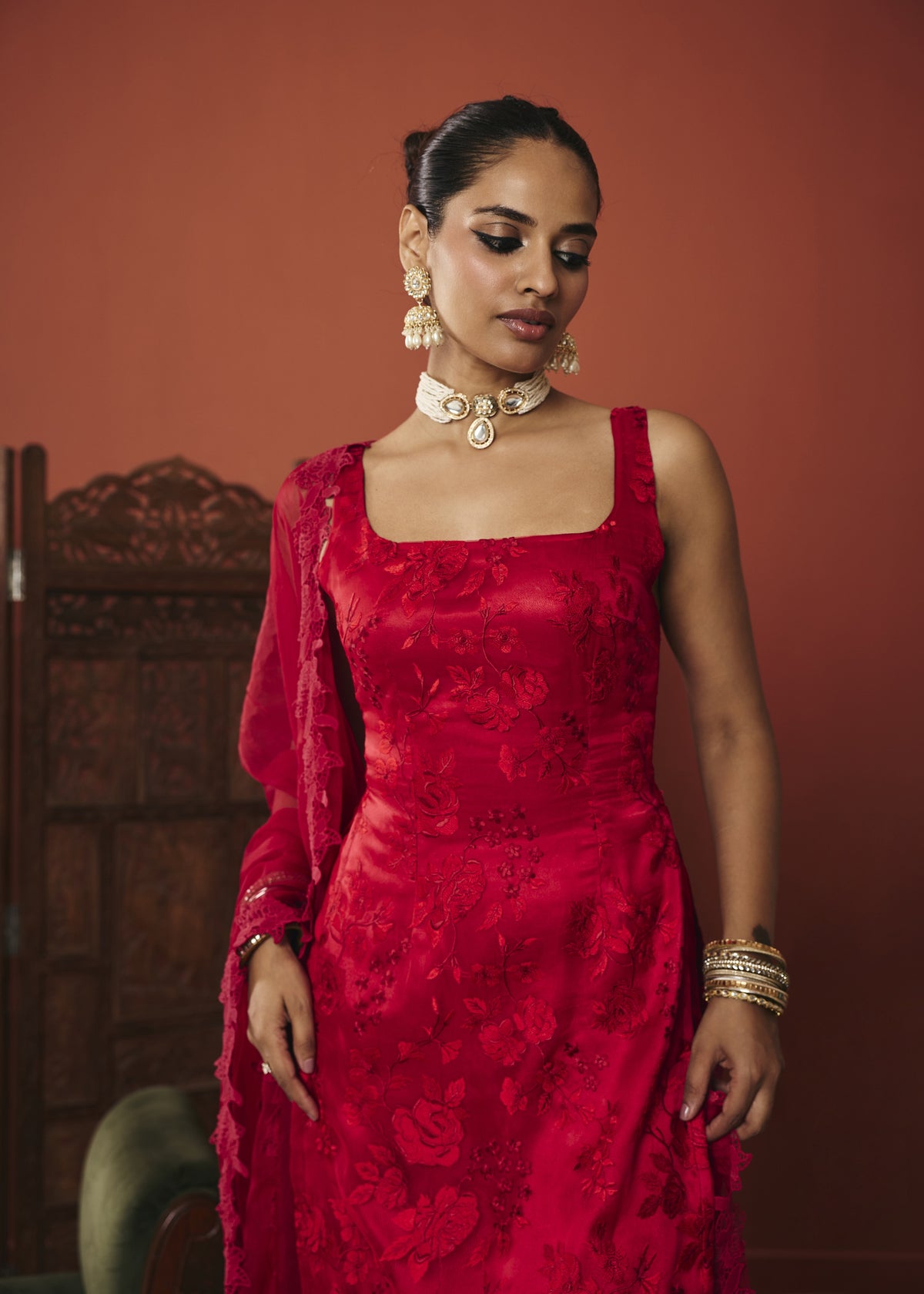 The Zara Crimson Floral Embroidered Kurta Set