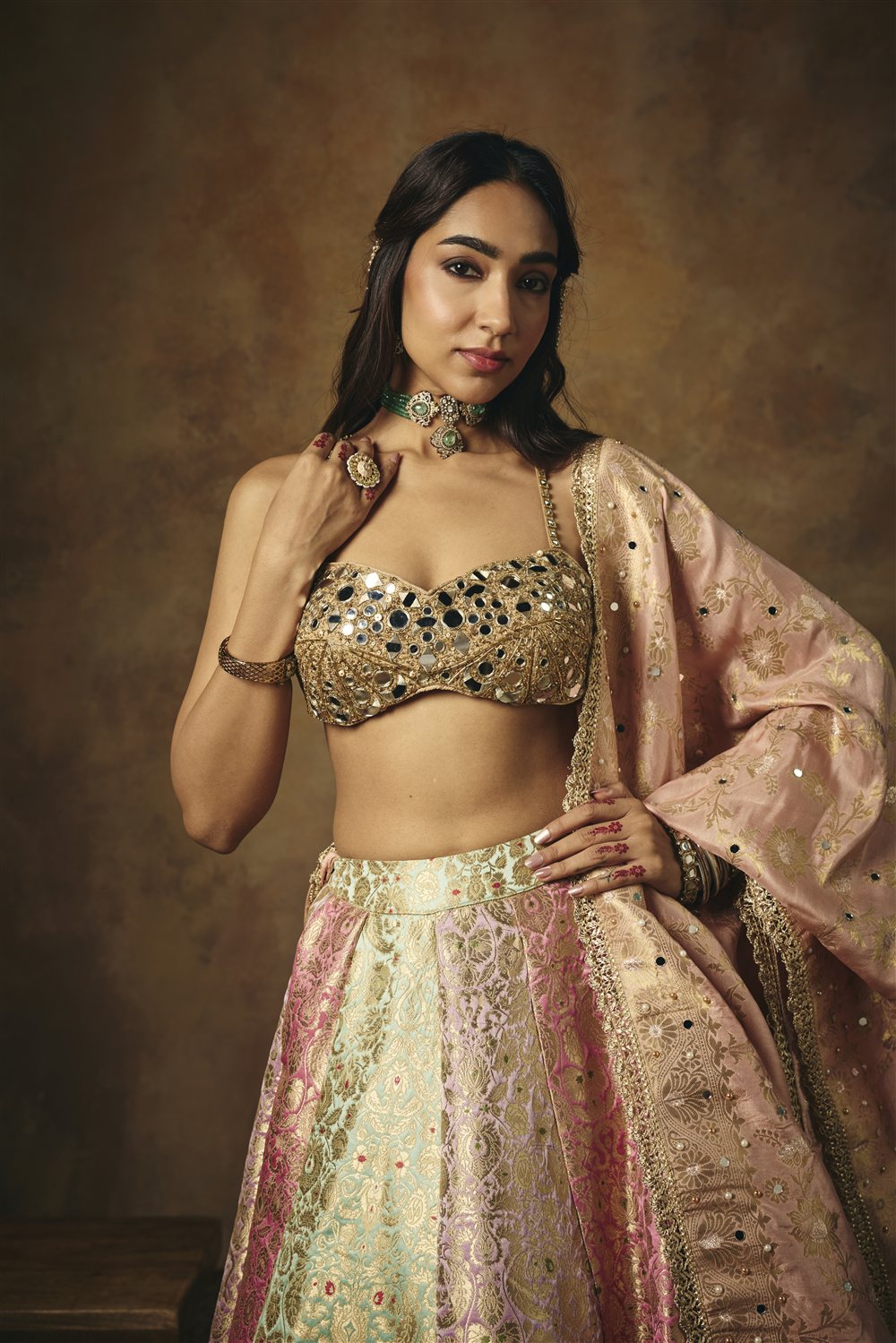 Ushasi Banarasi Brocade Kali Lehenga and Mirror Blouse Set