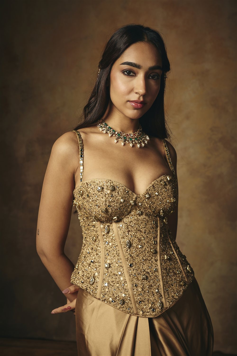 Padmini Golden Hand Embroidered Pre-Draped Corset Saree Set