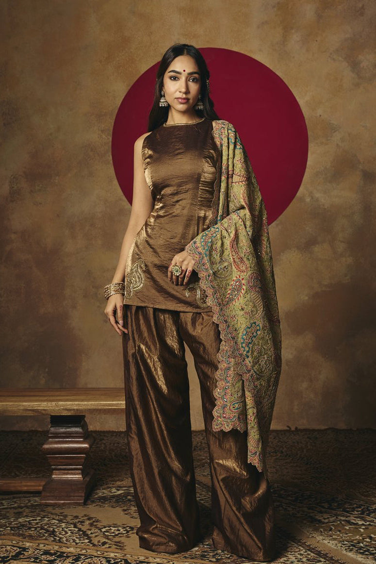 Pallavi Bronze Embroidered Salwar Suit Set with Contrast Dupatta