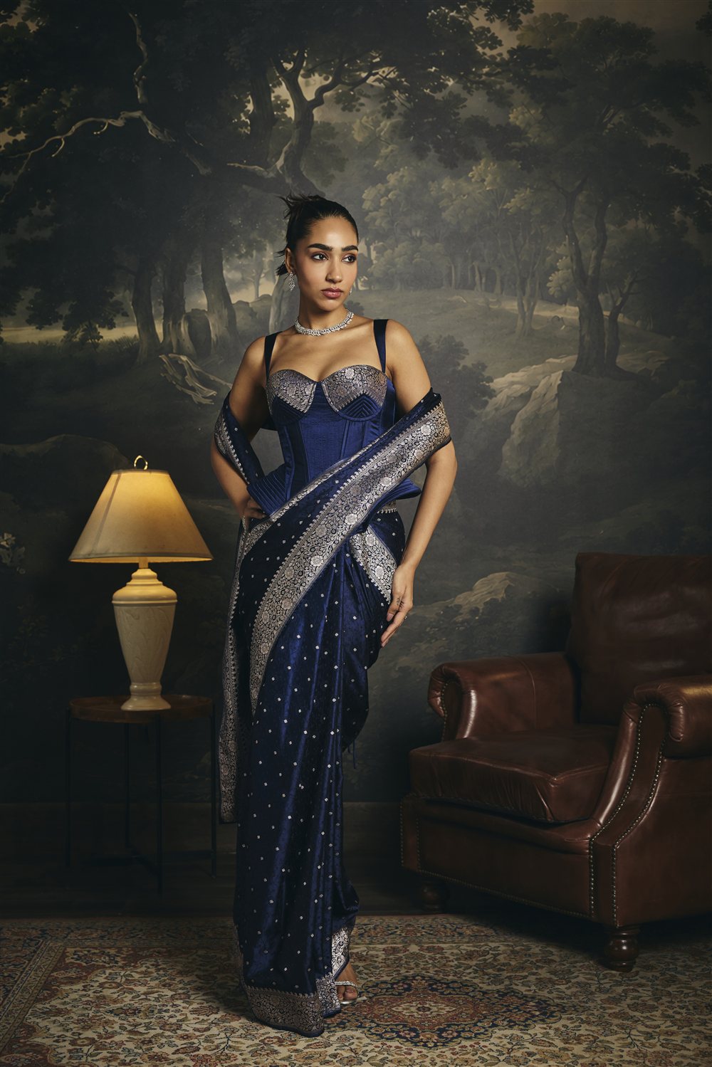 Zaria Midnight Blue Mashru Banarasi Silk Corset Saree Set