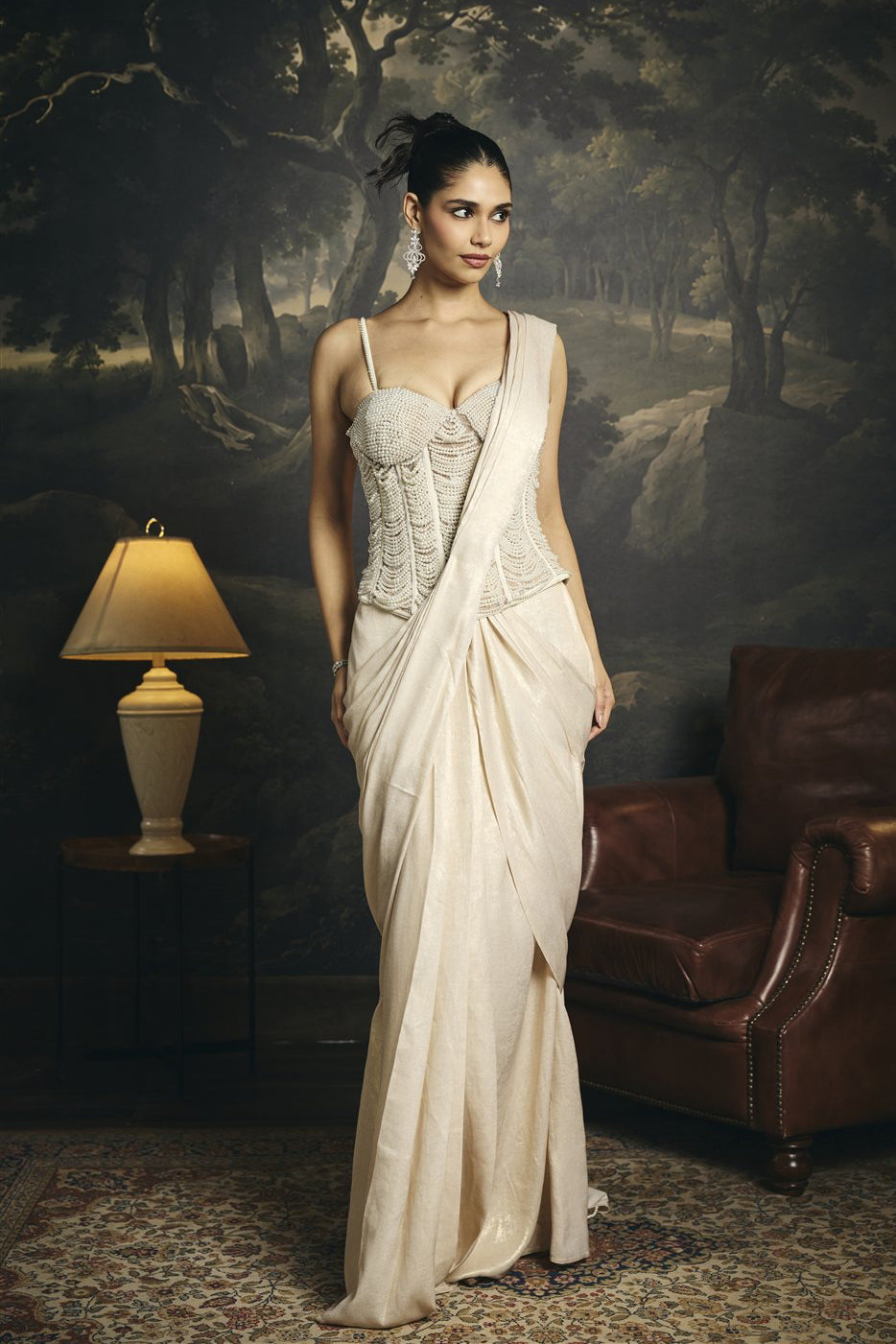 Mrinmayi White Pearl Hand Embroidered Pre-Draped Corset Saree Set
