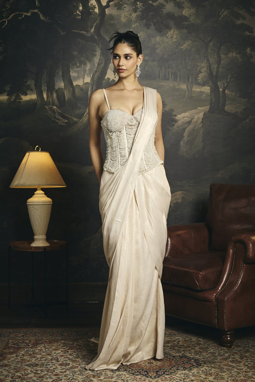 Mrinmayi White Pearl Hand Embroidered Pre-Draped Corset Saree Set