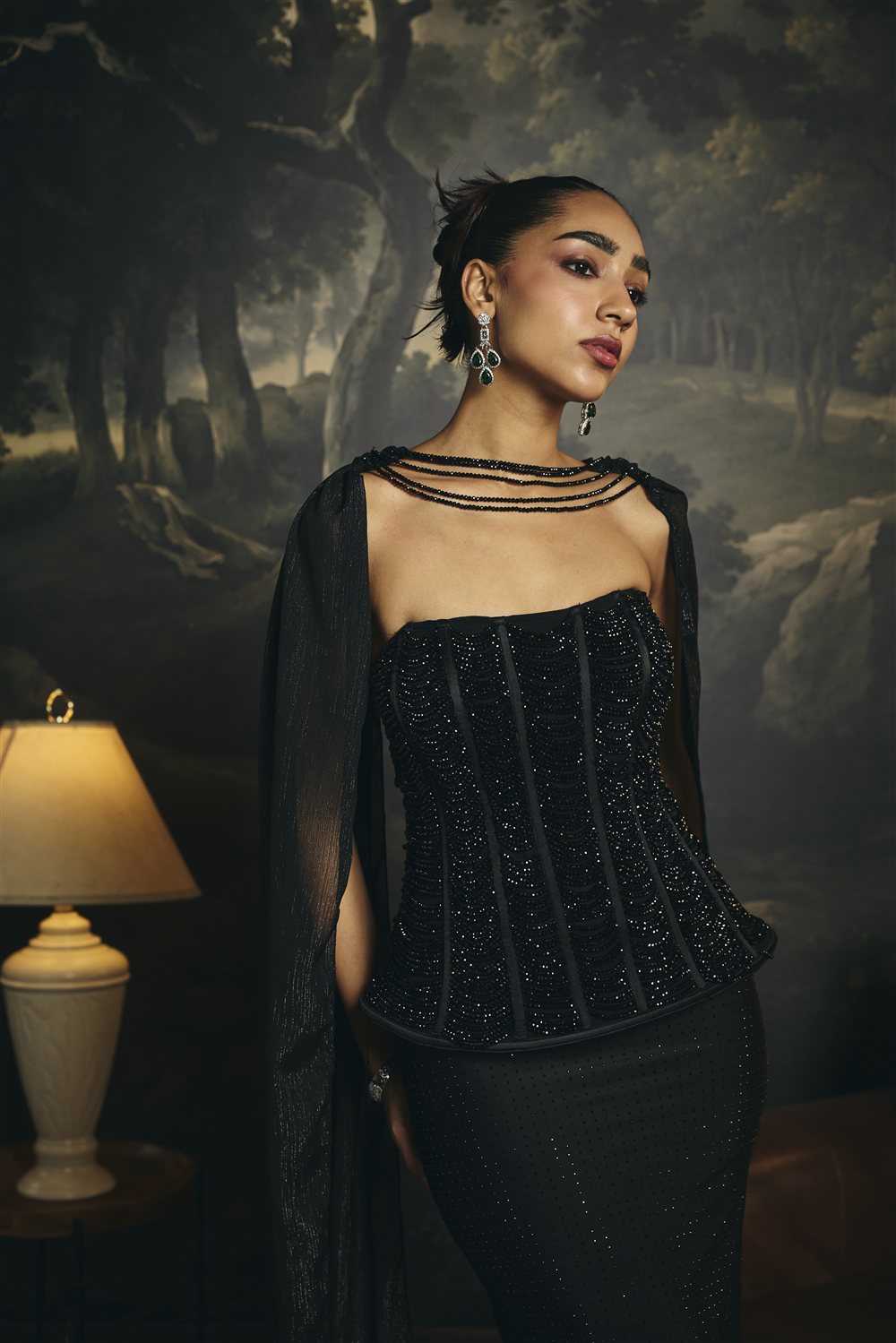 Ruhani Black Hand Embroidered Rhinestone Corset Skirt Set