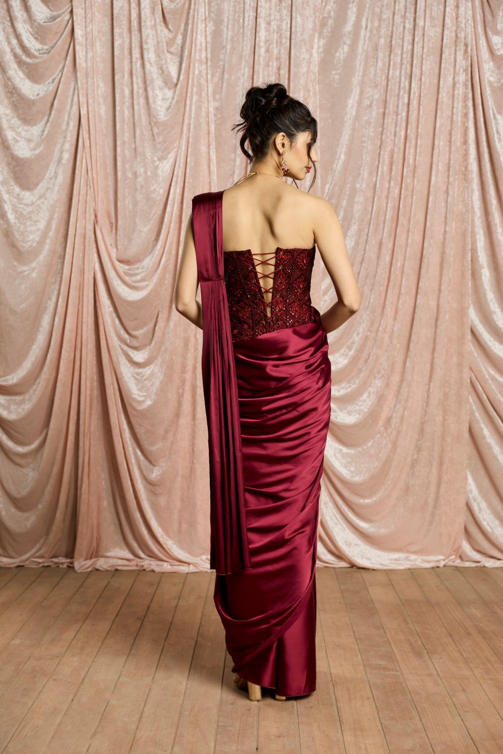 Zaafira Burgundy Embroidered Velvet Corset