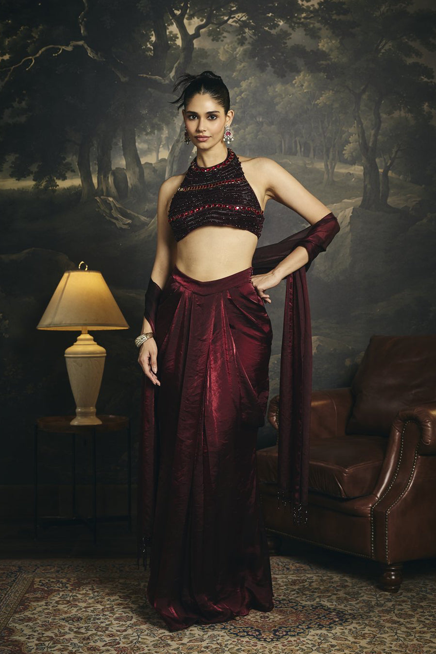 Ahaana Burgundy Blouse and Drape Skirt Set