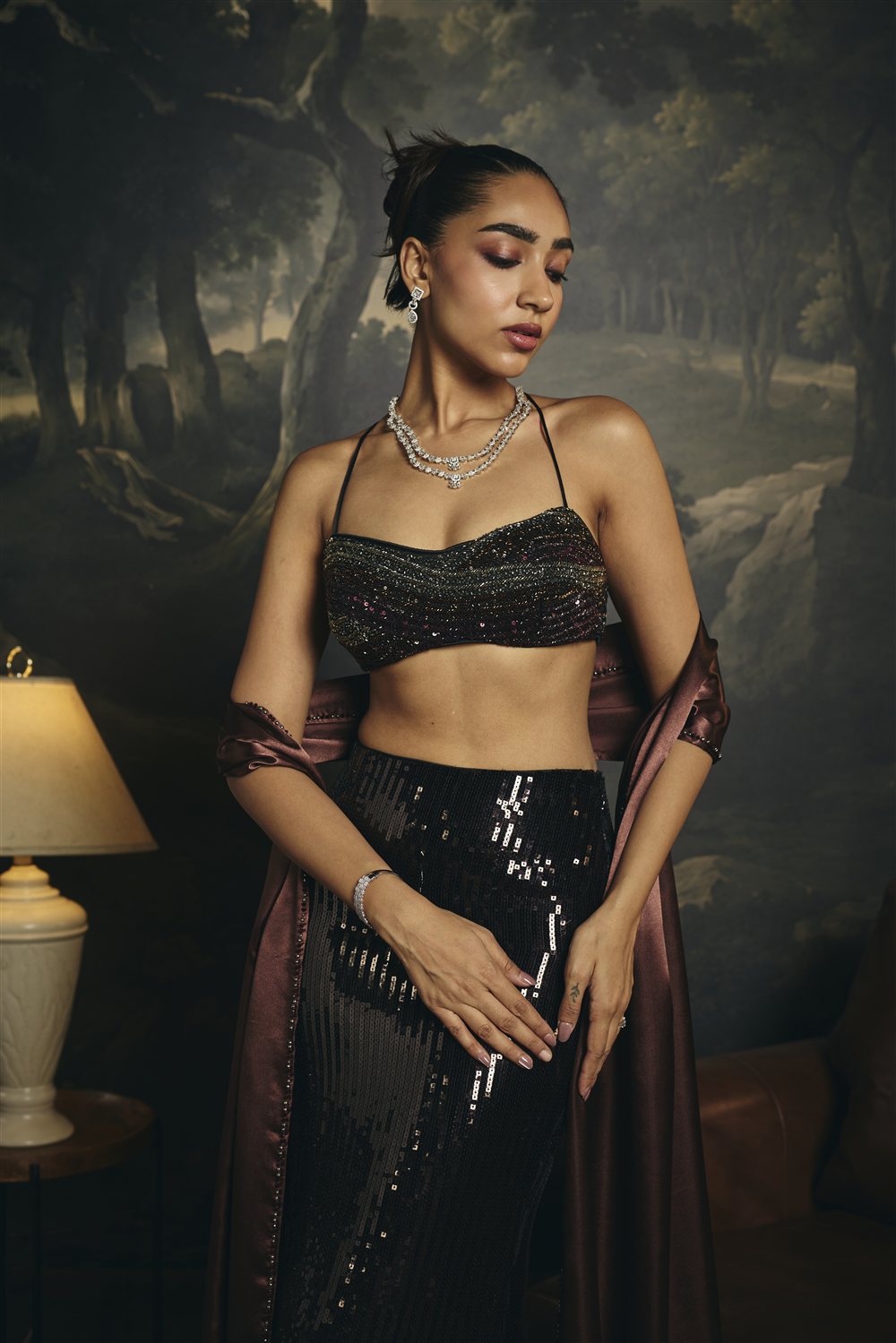 Tamisra Brown Embroidered Sequin Mermaid Lehenga Set