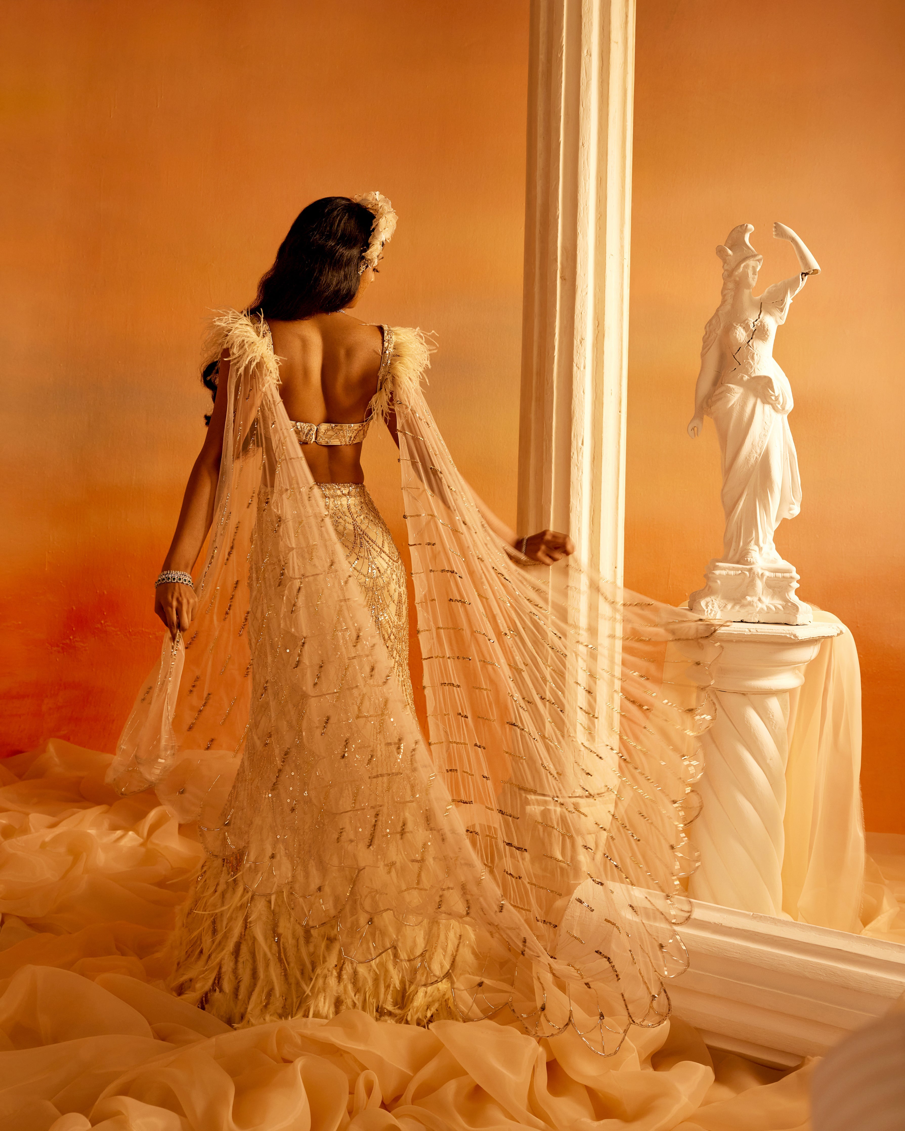 Buy Our Nyra Gold Embroidered Feather Lehenga Set