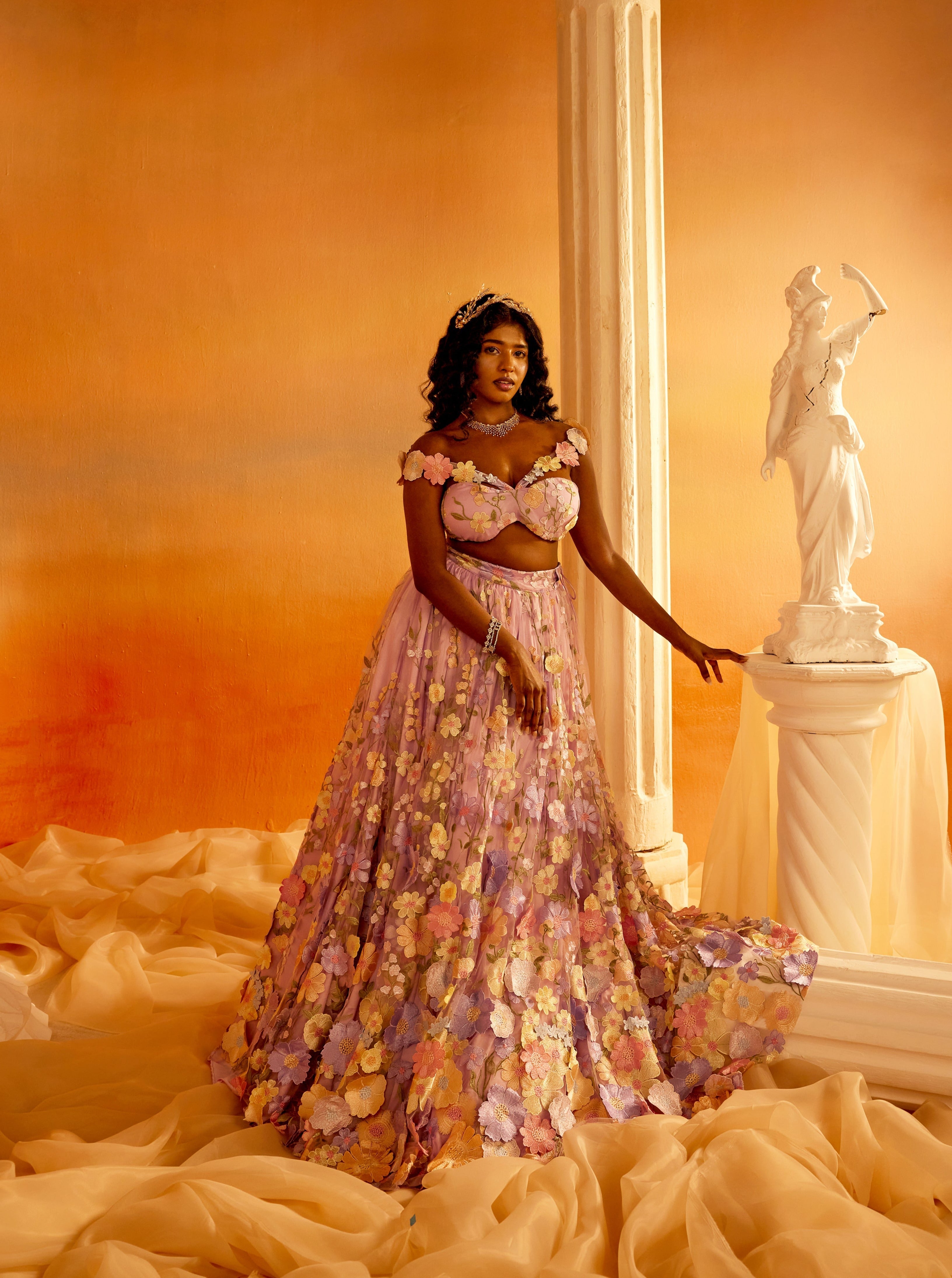 Shop Lavender 3-D Floral Embroidered Lehenga Set