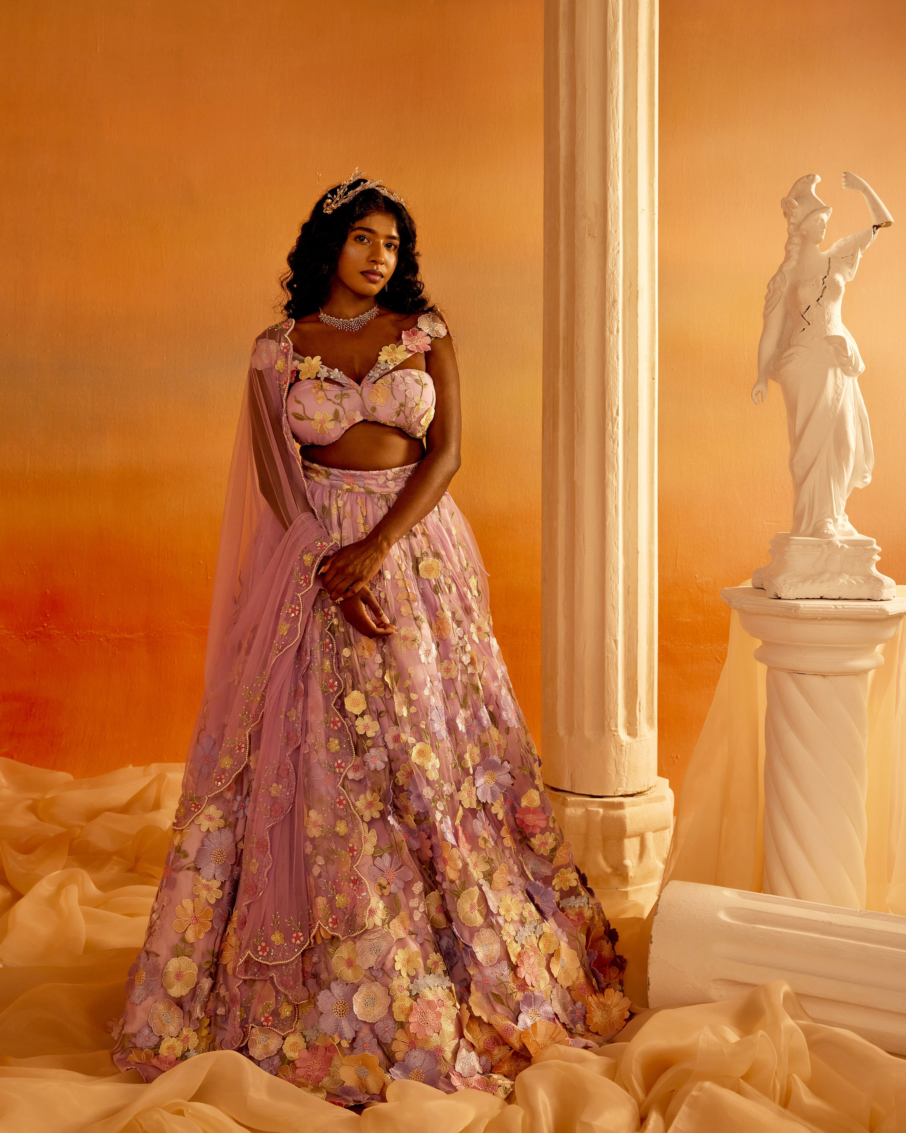 Shop Lavender 3-D Floral Embroidered Lehenga Set