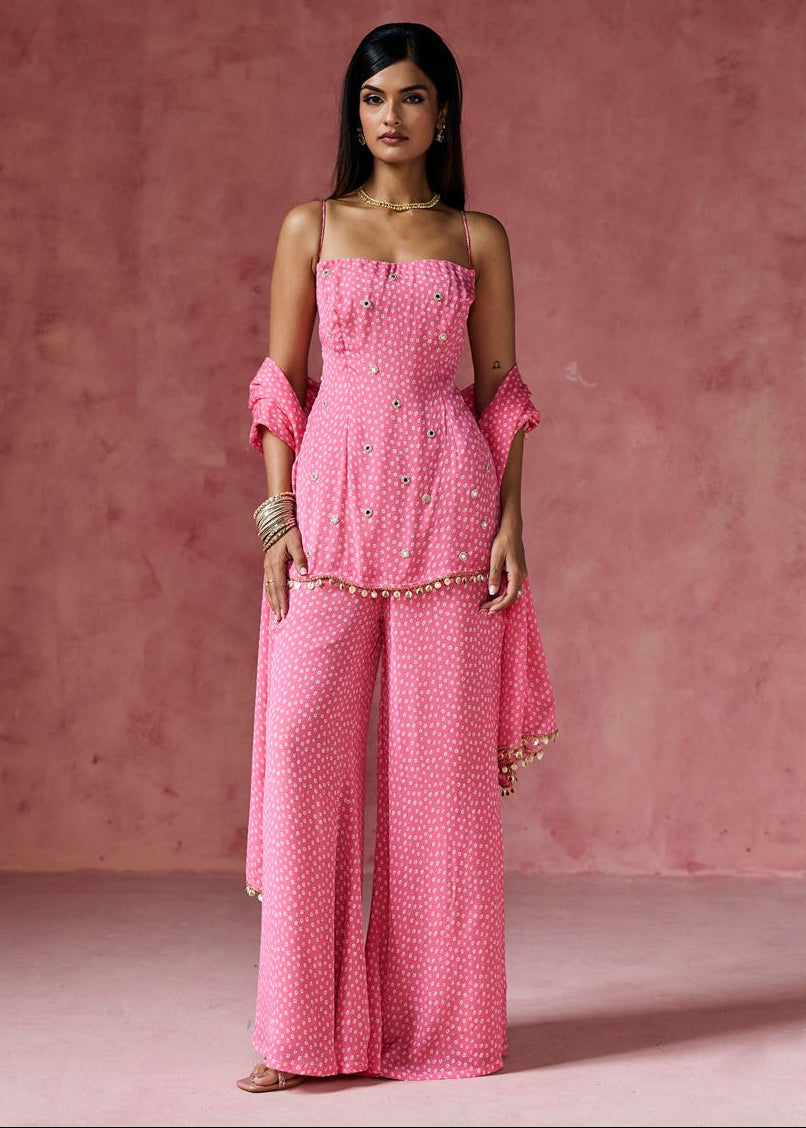 Gulabi Bandhani Embellished Sharara Set