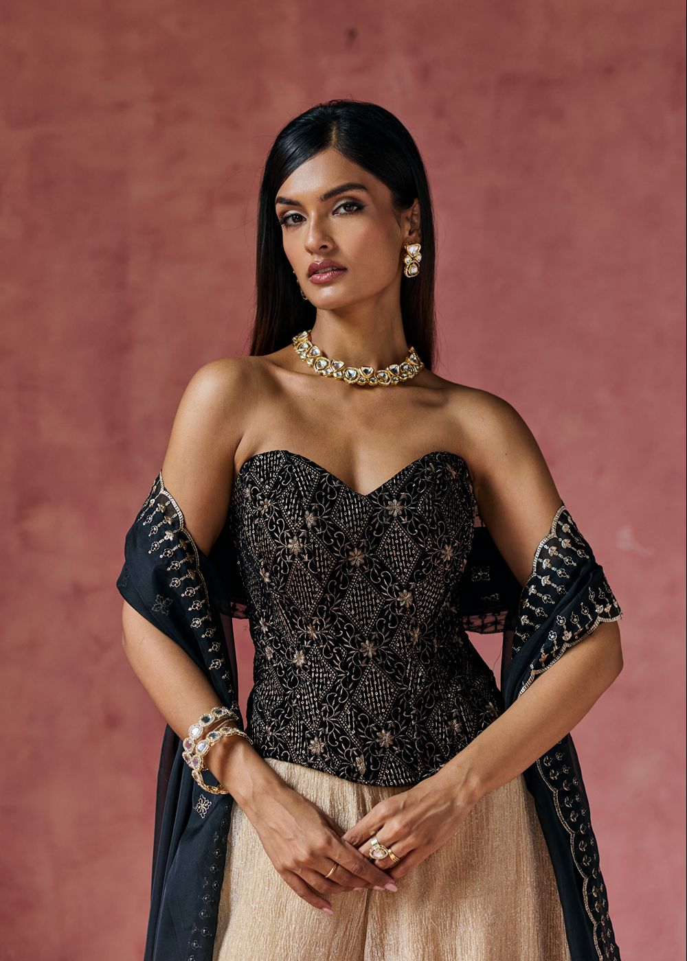 Zafira Black Embroidered Velvet Corset