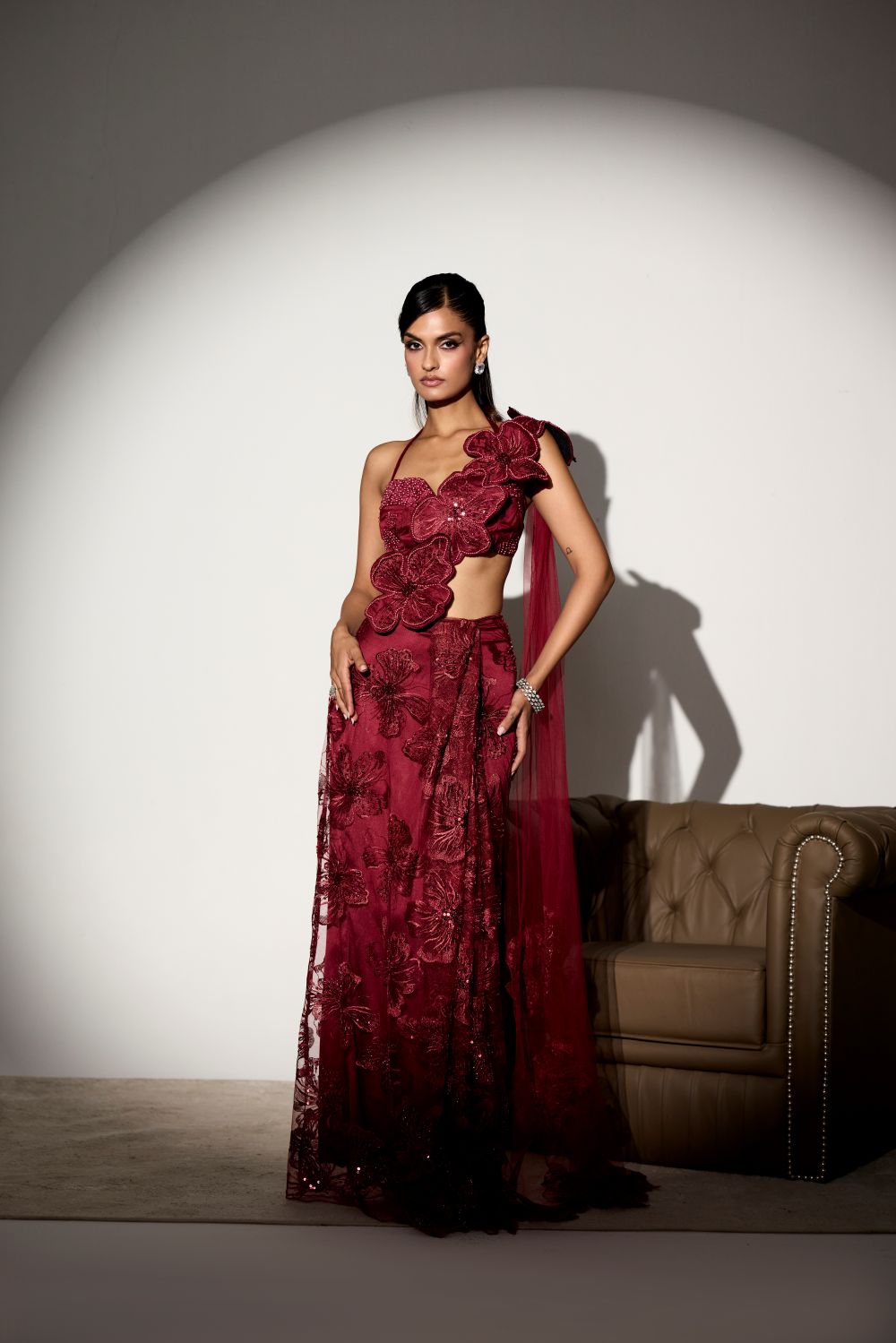Kalini Maroon Floral Embroidered Saree