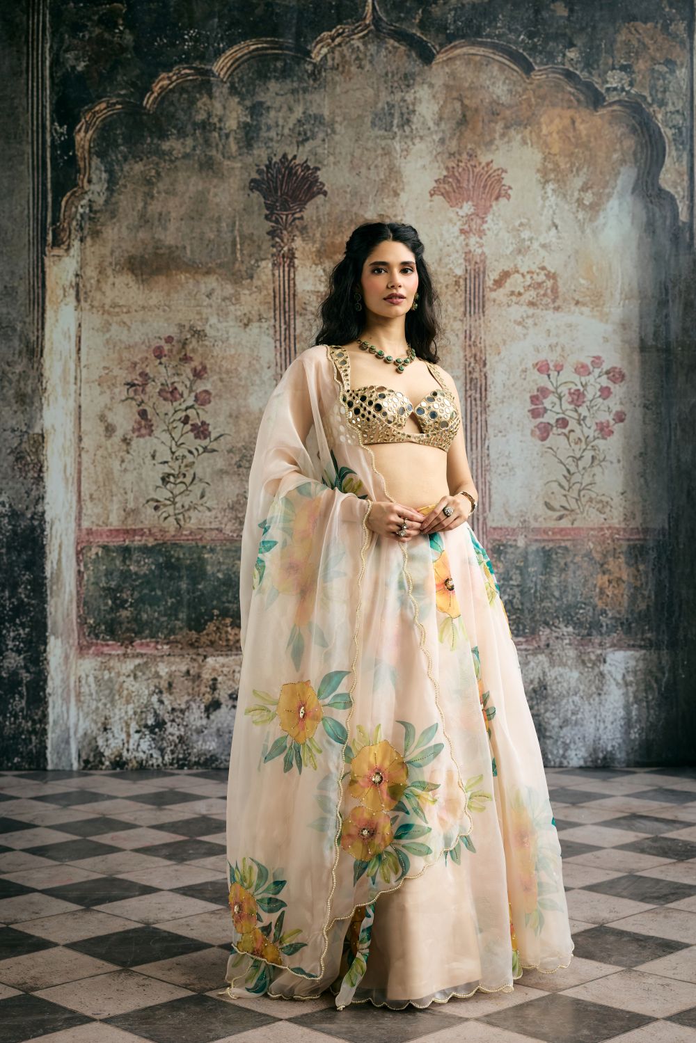 Aarvi Mirror Hand Embroidered Blouse and Floral Organza Lehenga Set