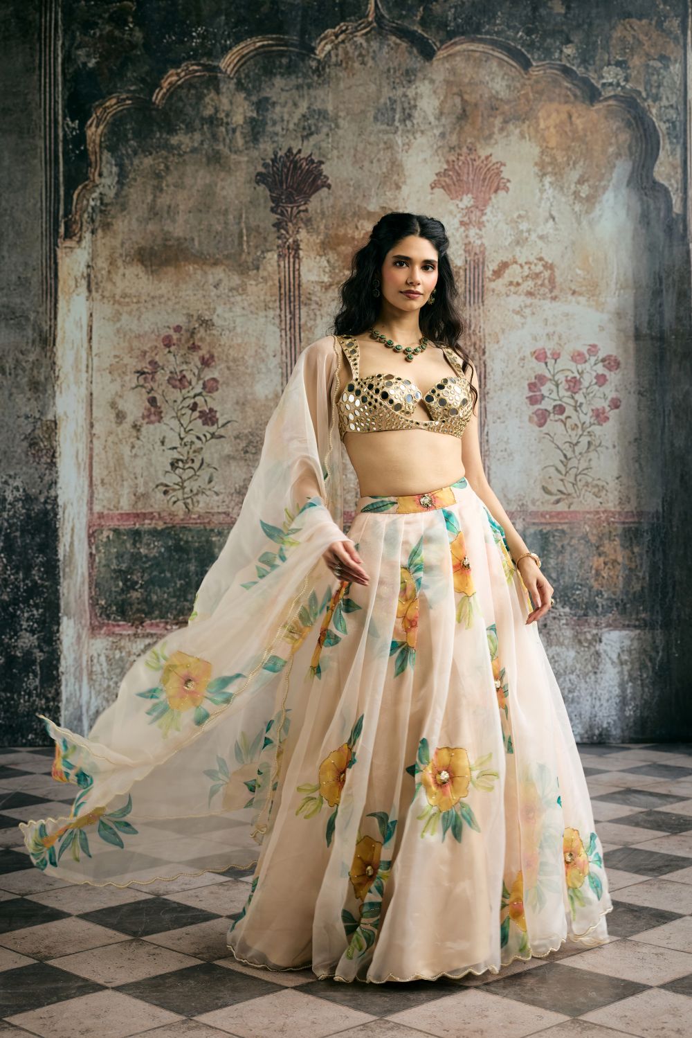 Aarvi Mirror Hand Embroidered Blouse and Floral Organza Lehenga Set