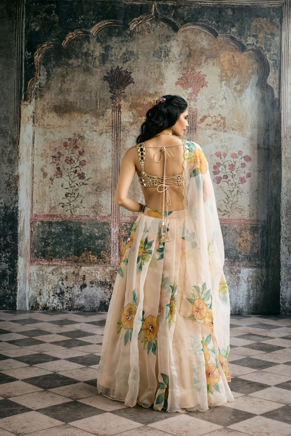Aarvi Mirror Hand Embroidered Blouse and Floral Organza Lehenga Set