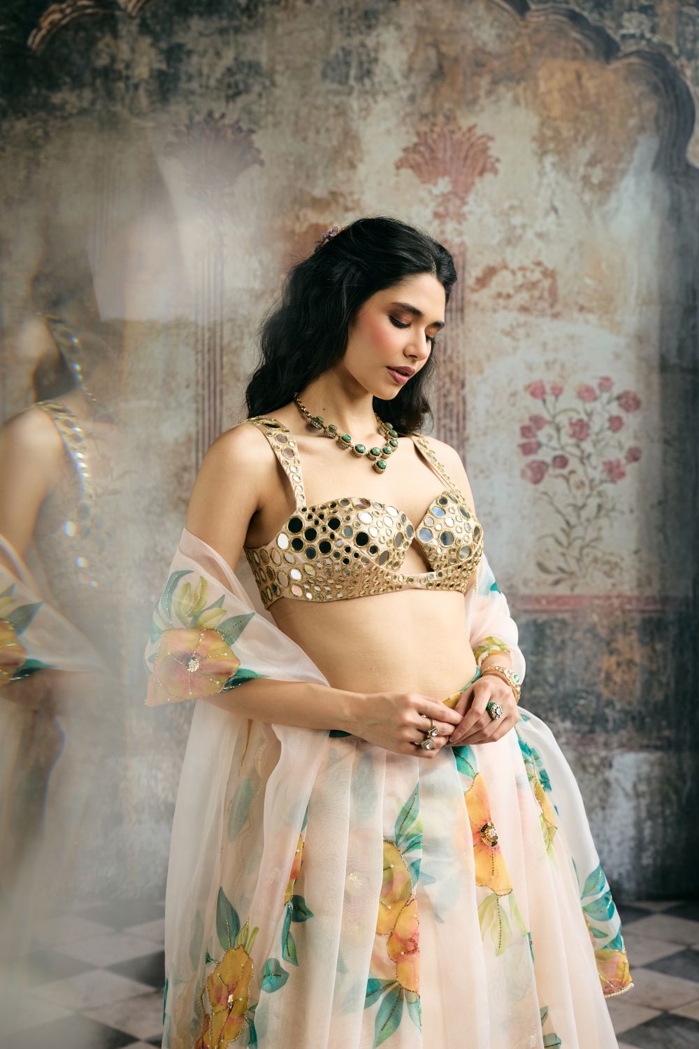 Aarvi Mirror Hand Embroidered Blouse and Floral Organza Lehenga Set