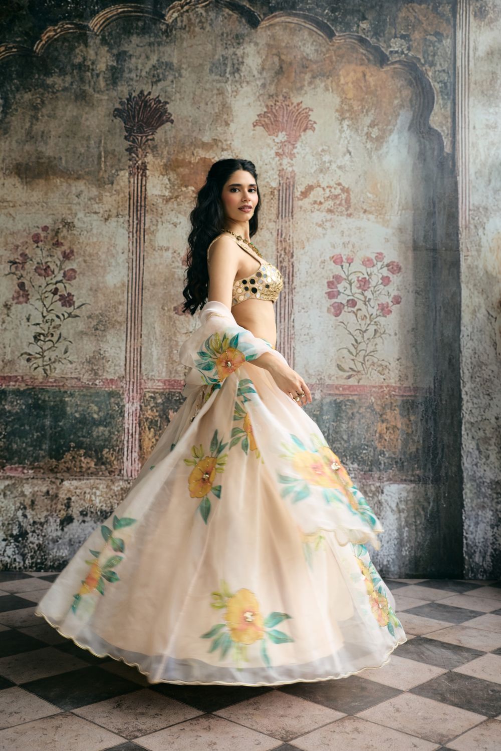 Aarvi Mirror Hand Embroidered Blouse and Floral Organza Lehenga Set