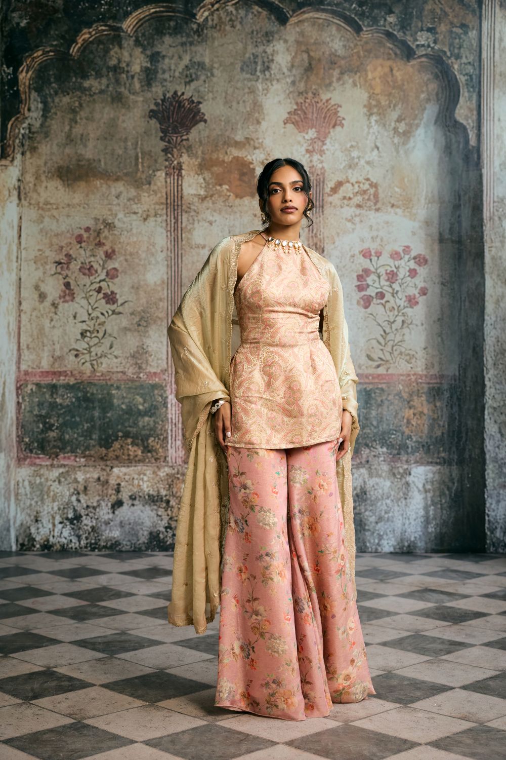 Aleena Peach Banarasi Brocade Kurta Floral Tissue Sharara Set