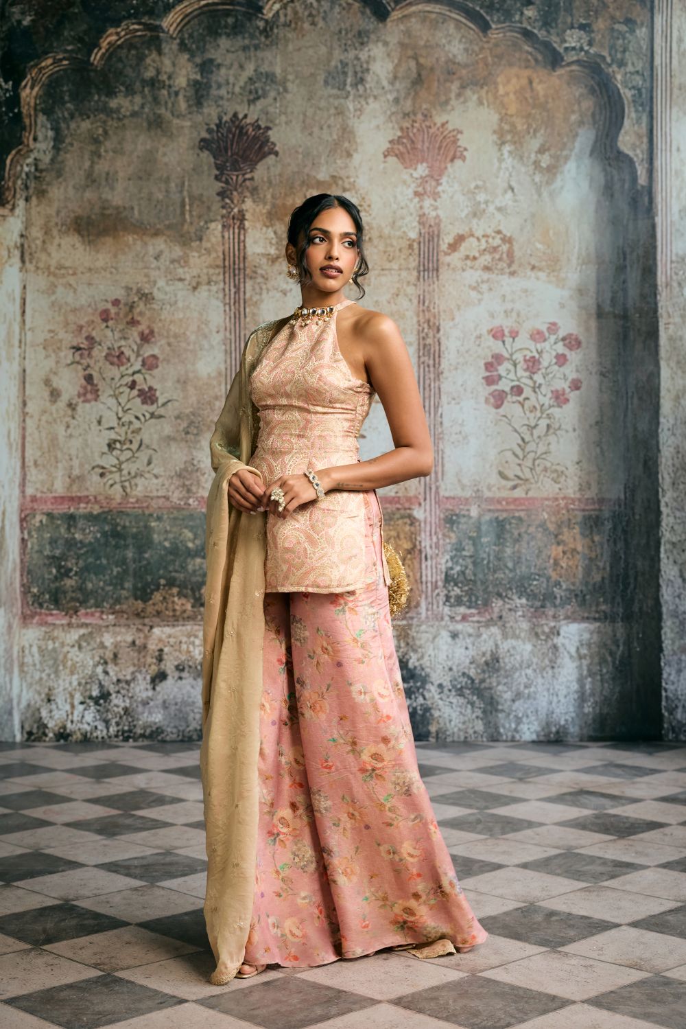 Aleena Peach Banarasi Brocade Kurta Floral Tissue Sharara Set