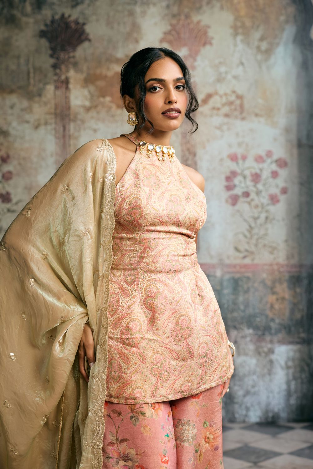Aleena Peach Banarasi Brocade Kurta Floral Tissue Sharara Set
