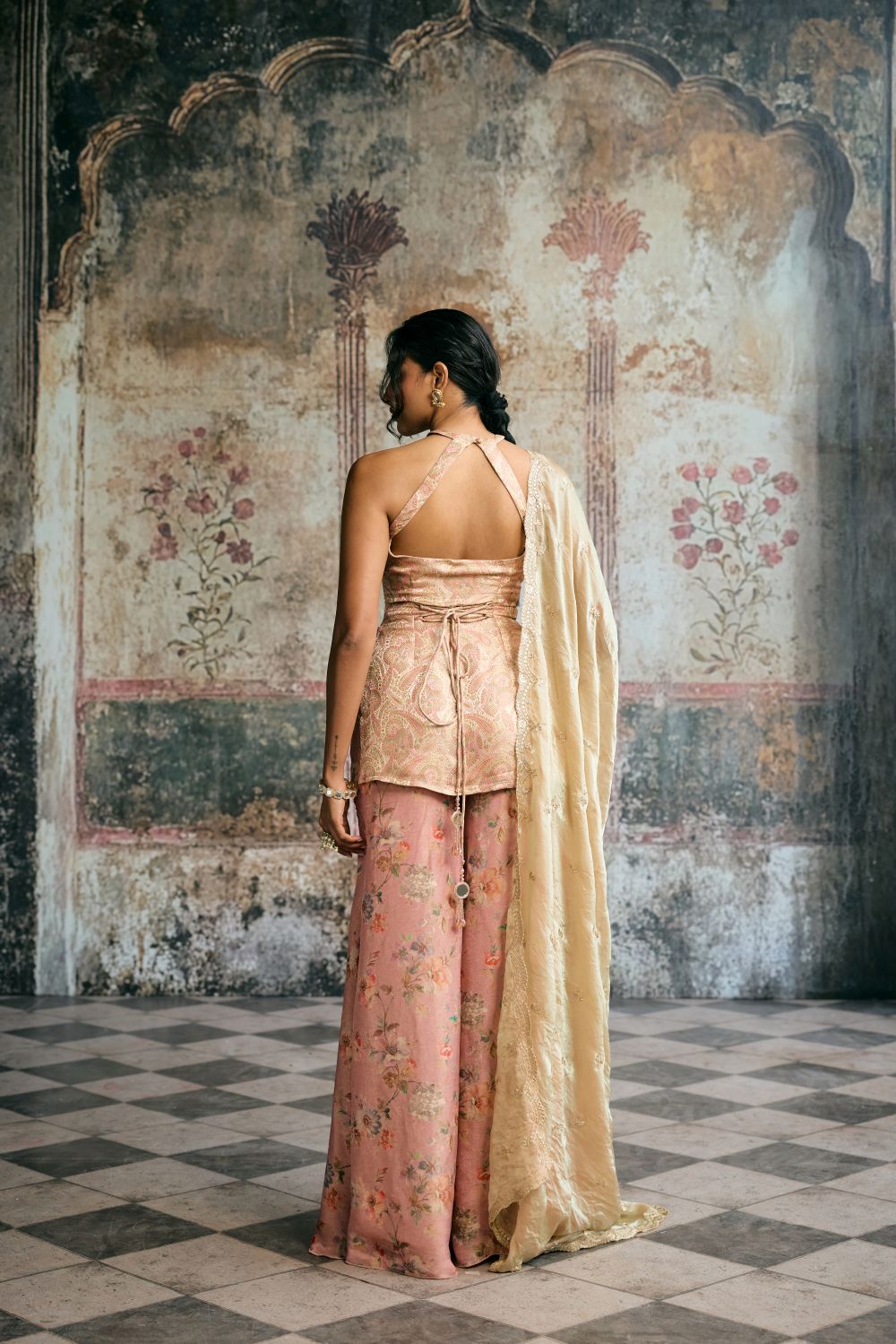 Aleena Peach Banarasi Brocade Kurta Floral Tissue Sharara Set