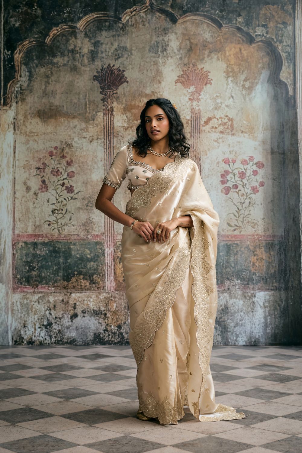 Aarzoo Champagne Silk Tissue Hand Embroidered Blouse
