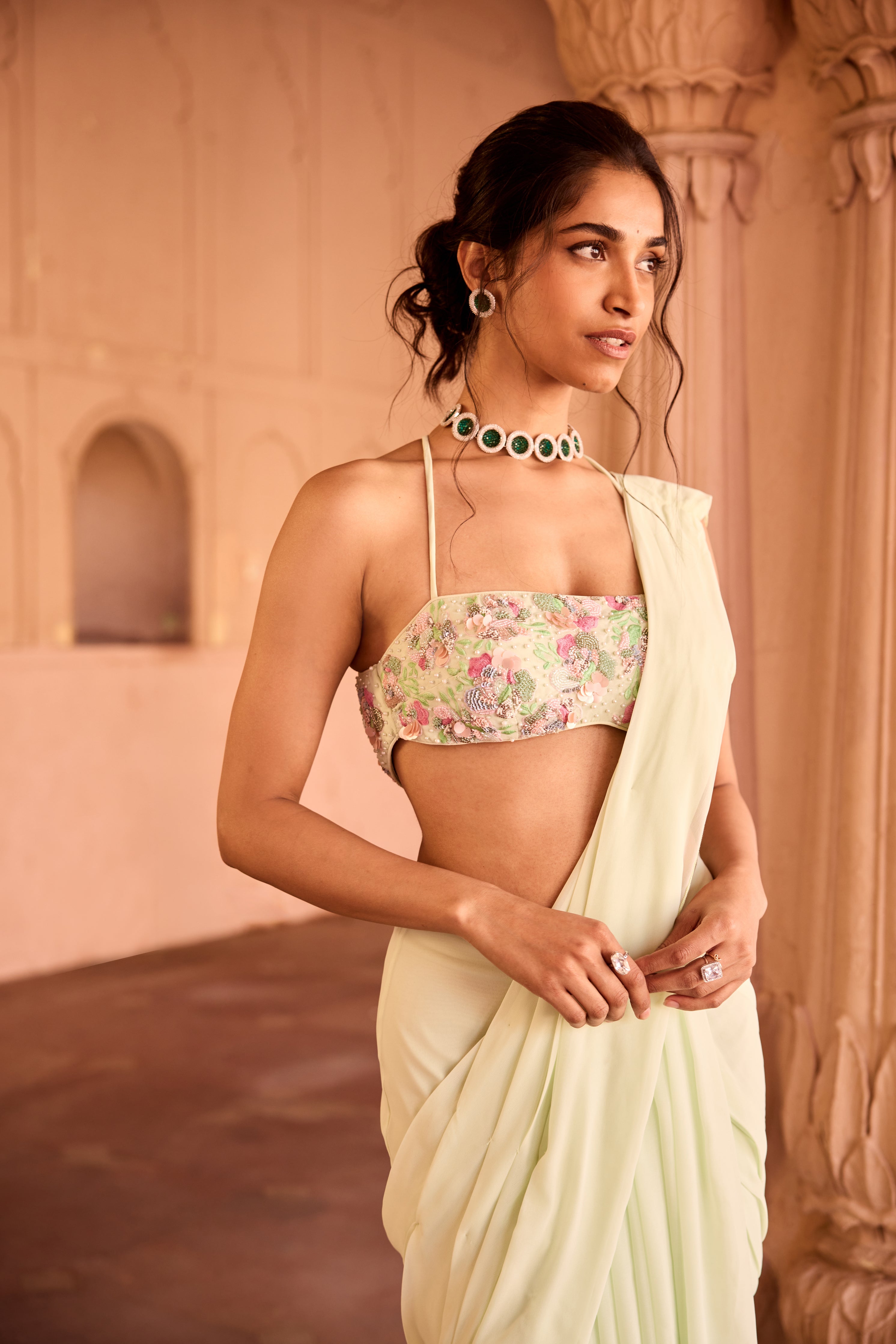 Yasira Pastel Green Georgette Pre-Stitched Saree