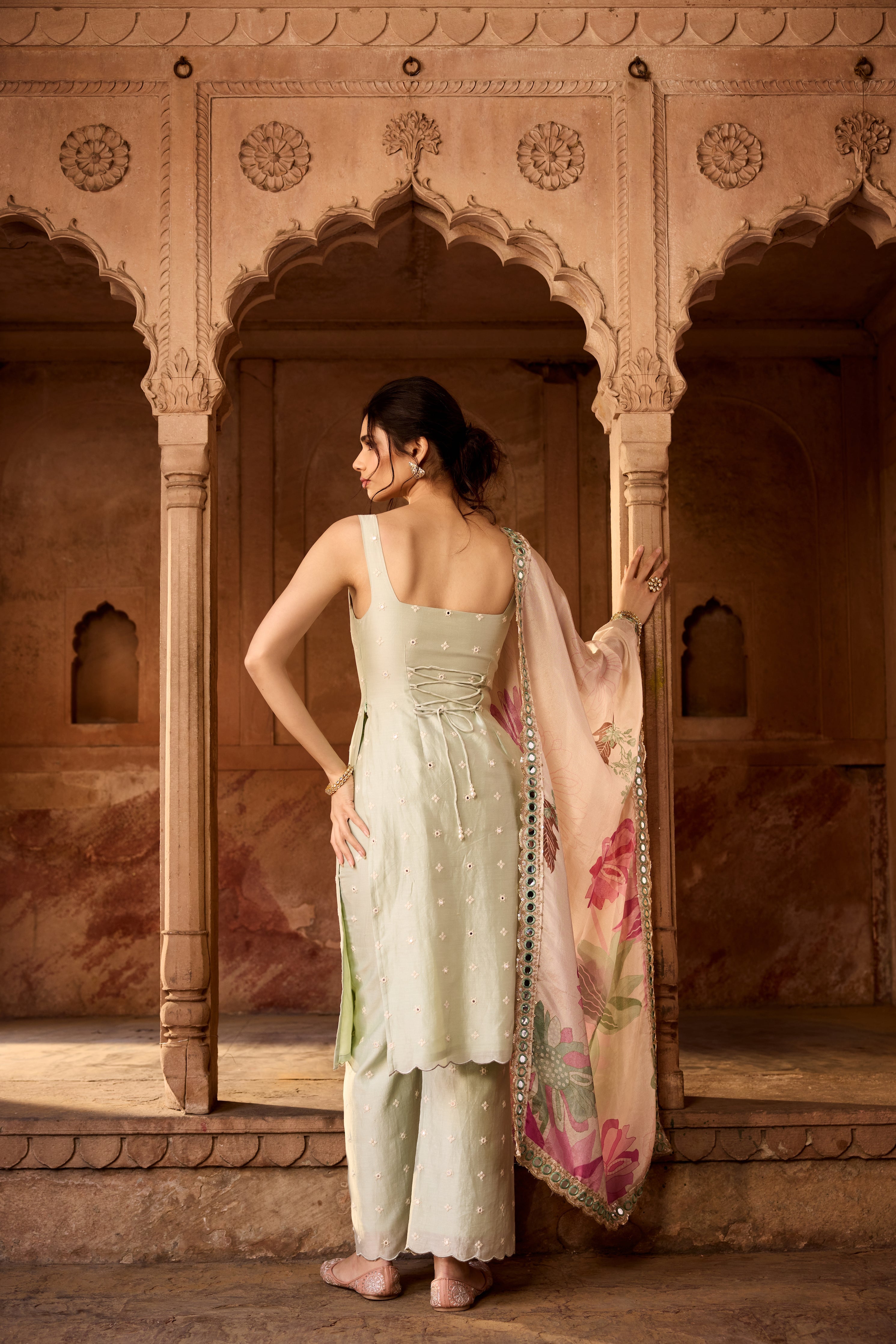 Nusra Sage Green Long Kurta Set