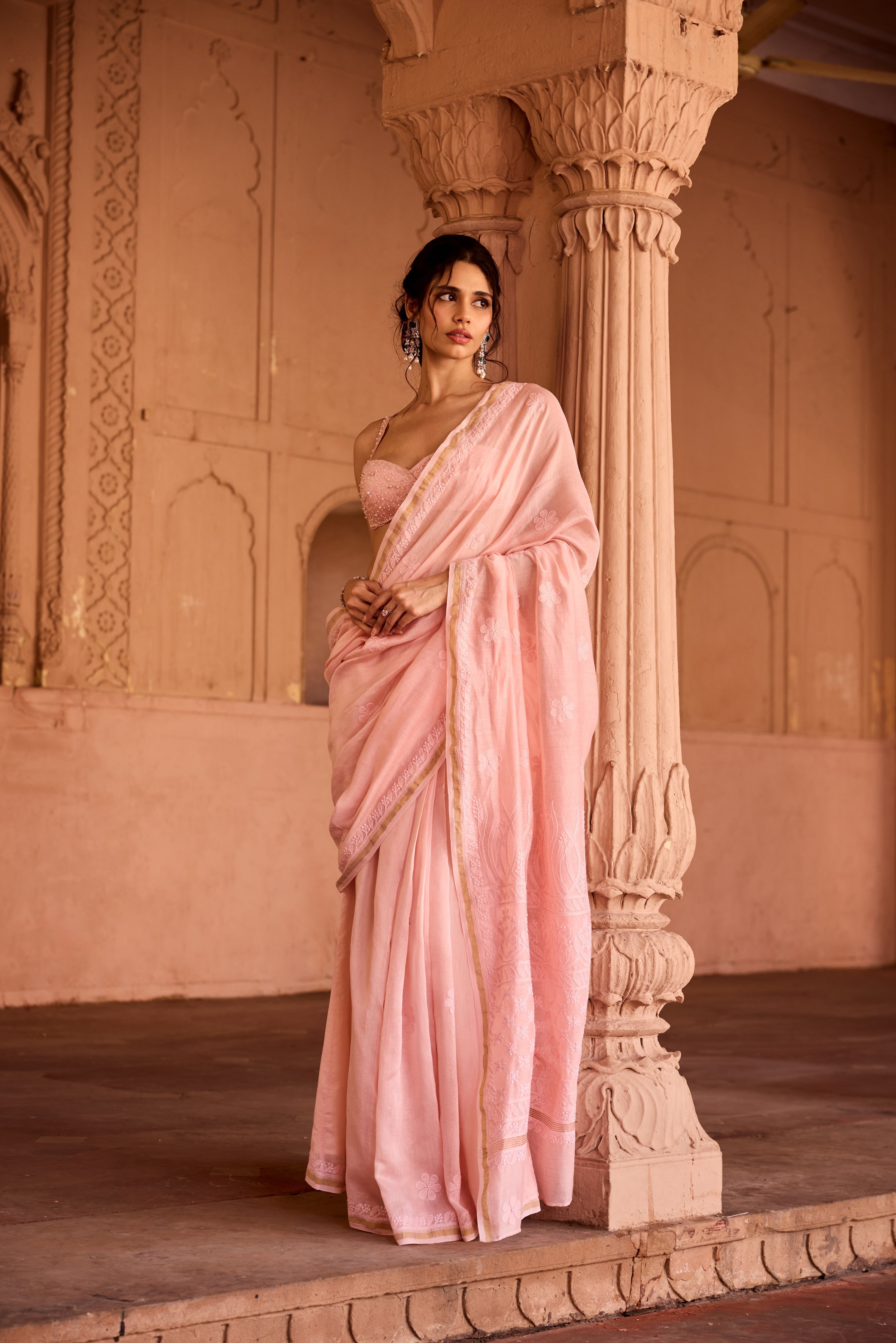 Sidra Baby Pink Chikankari Pre-Stiched Saree