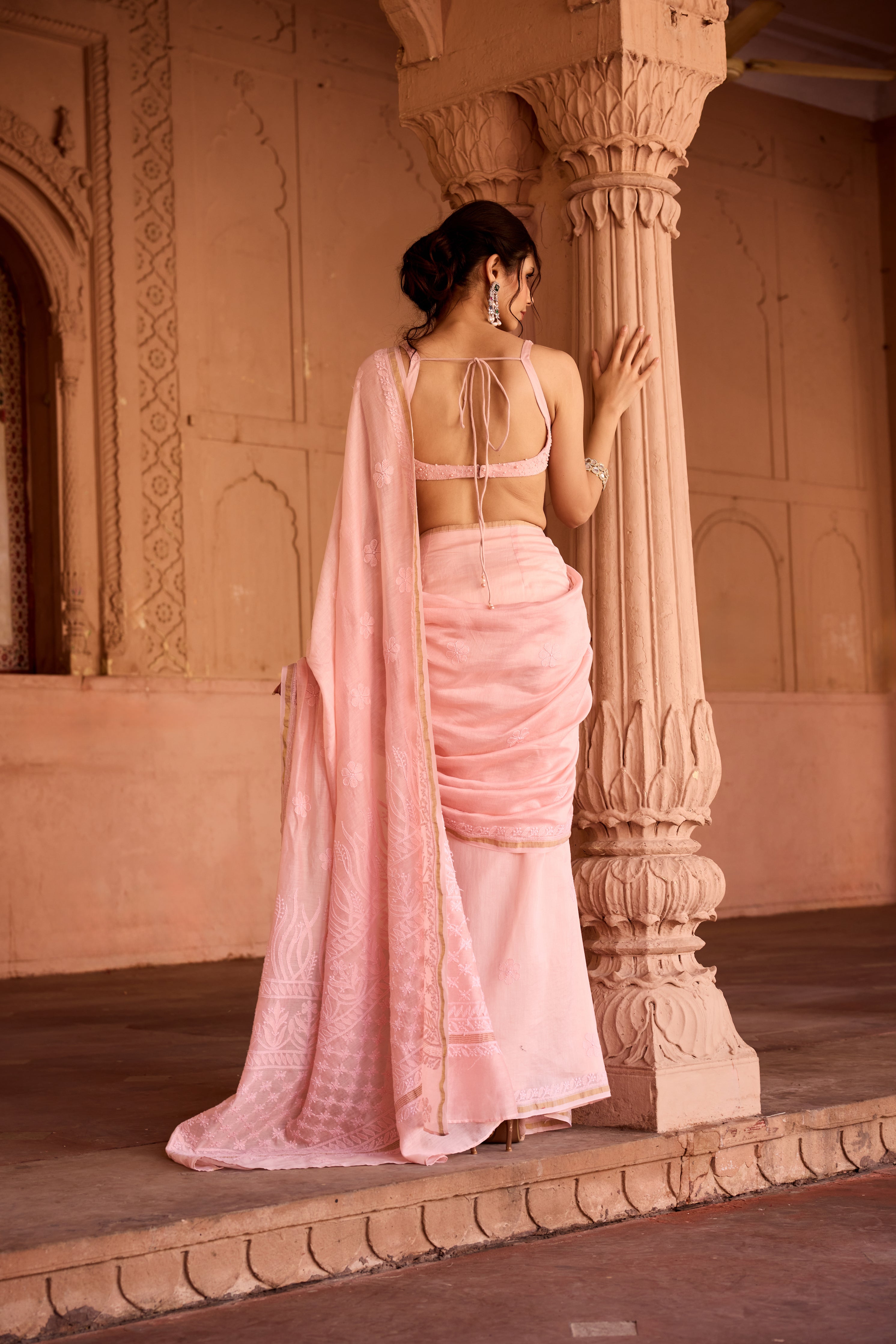 Sidra Baby Pink Chikankari Pre-Stiched Saree